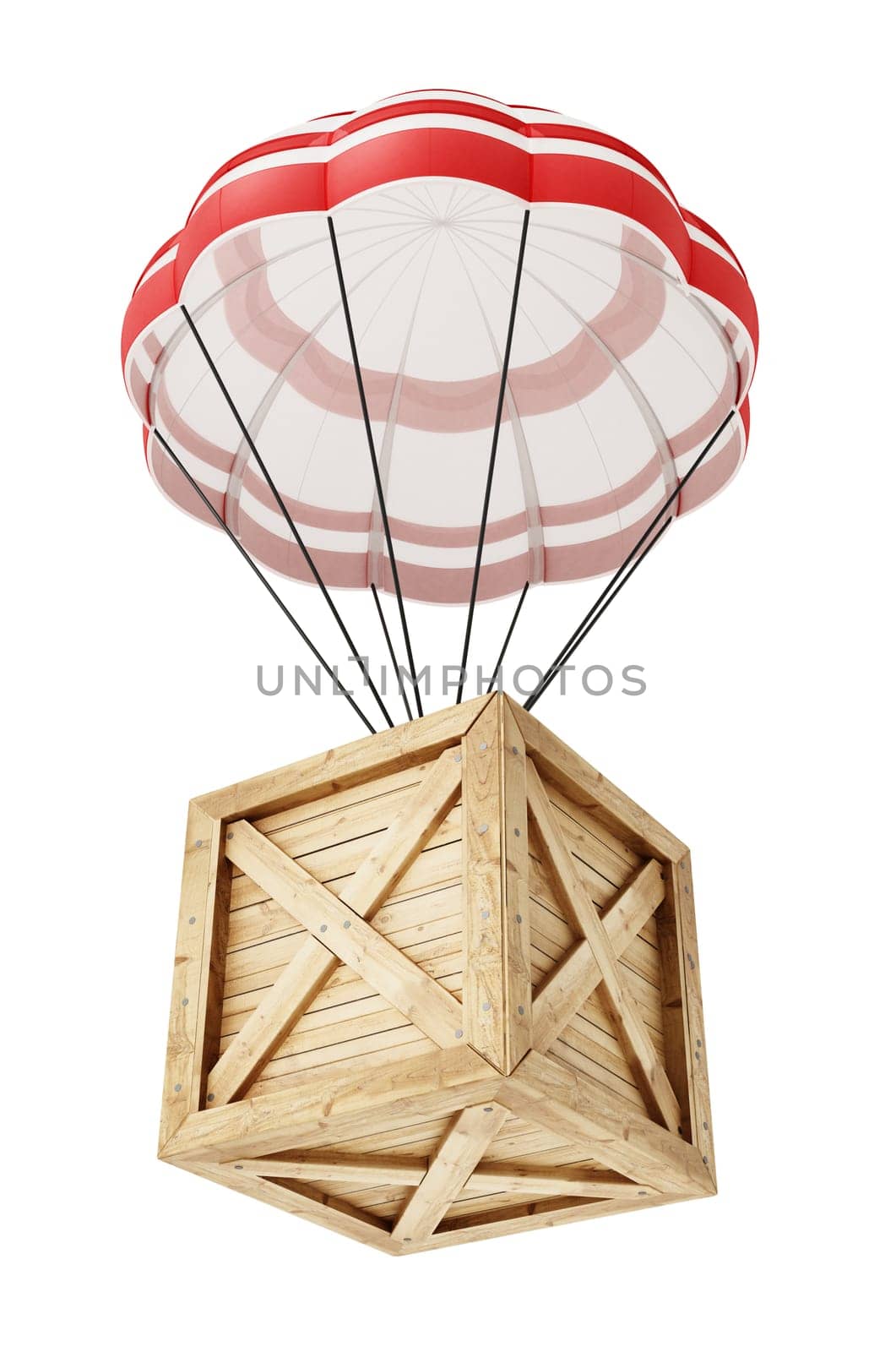 Parachute carrying wooden crate isolated on white background. Transportation and shipment concept. 3D illustration.