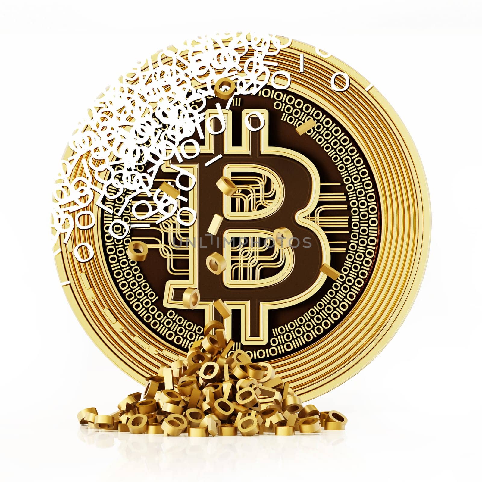 Generic crypto coin with 1 and 0 shaped holes and pile of binary code on the ground. 3D illustration.