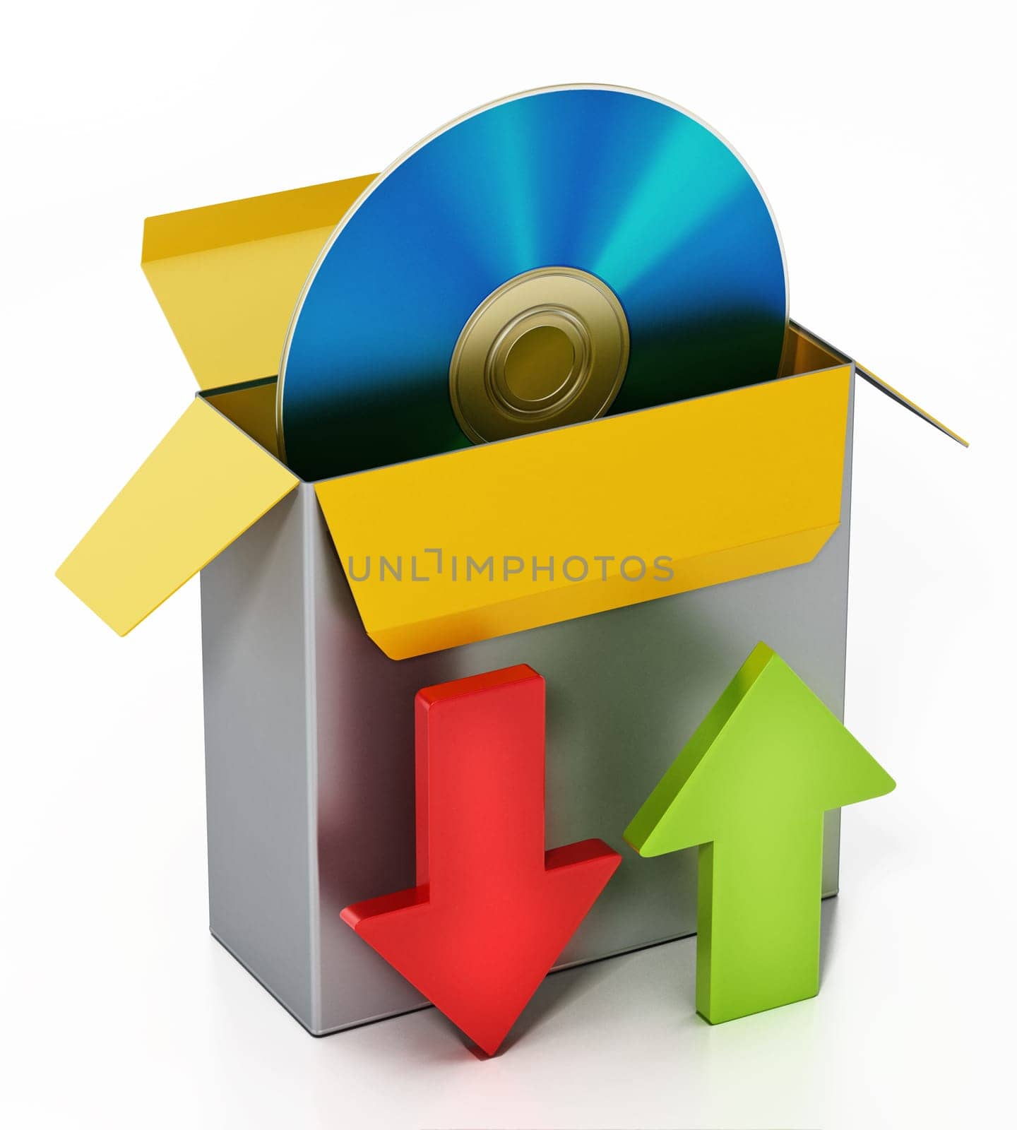 Software box with Bluray disc inside and download upload arrows isolated on white background. 3D illustration.