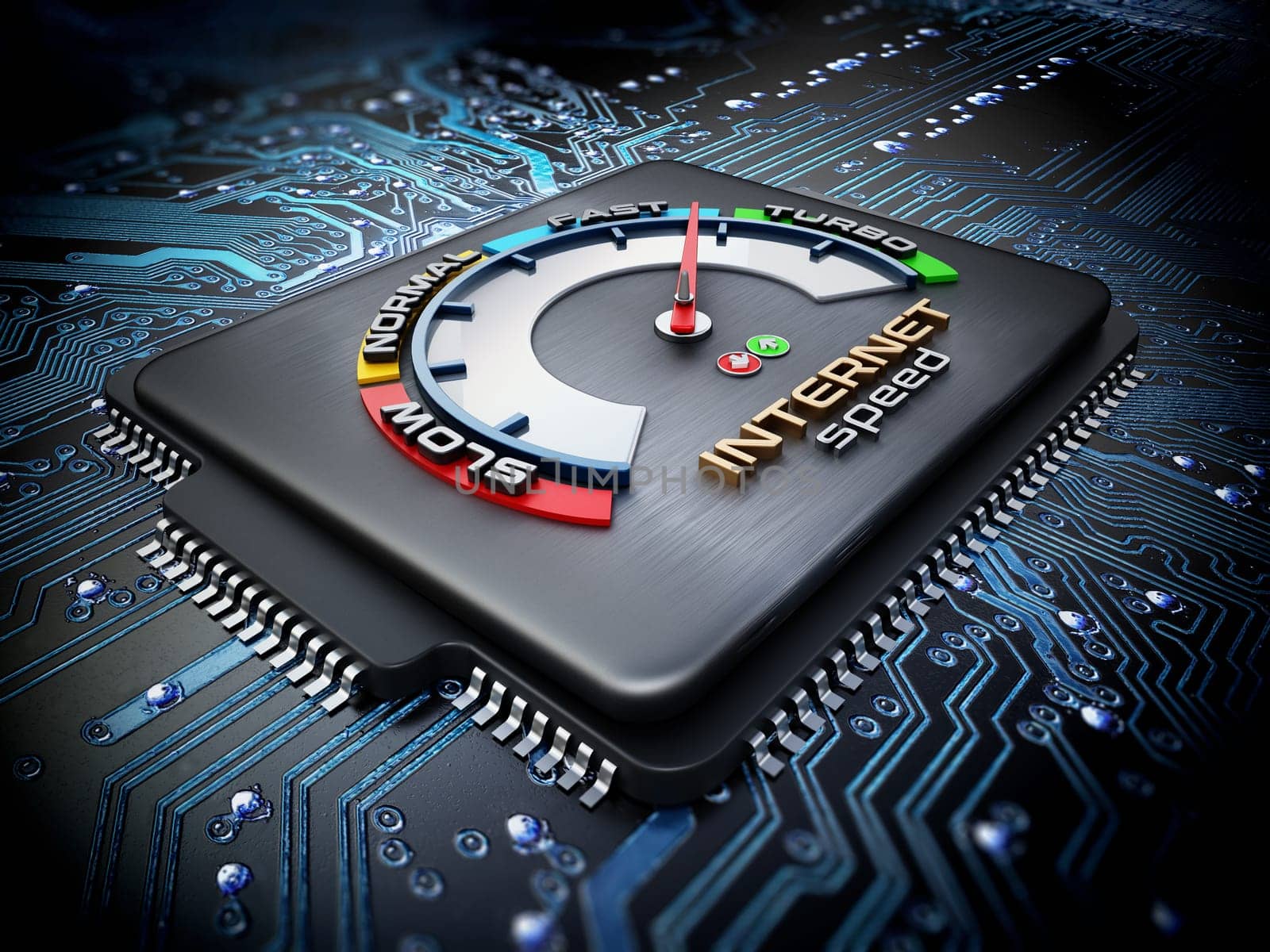 Internet speed dial on computer chip standing on blue PCB. 3D illustration.