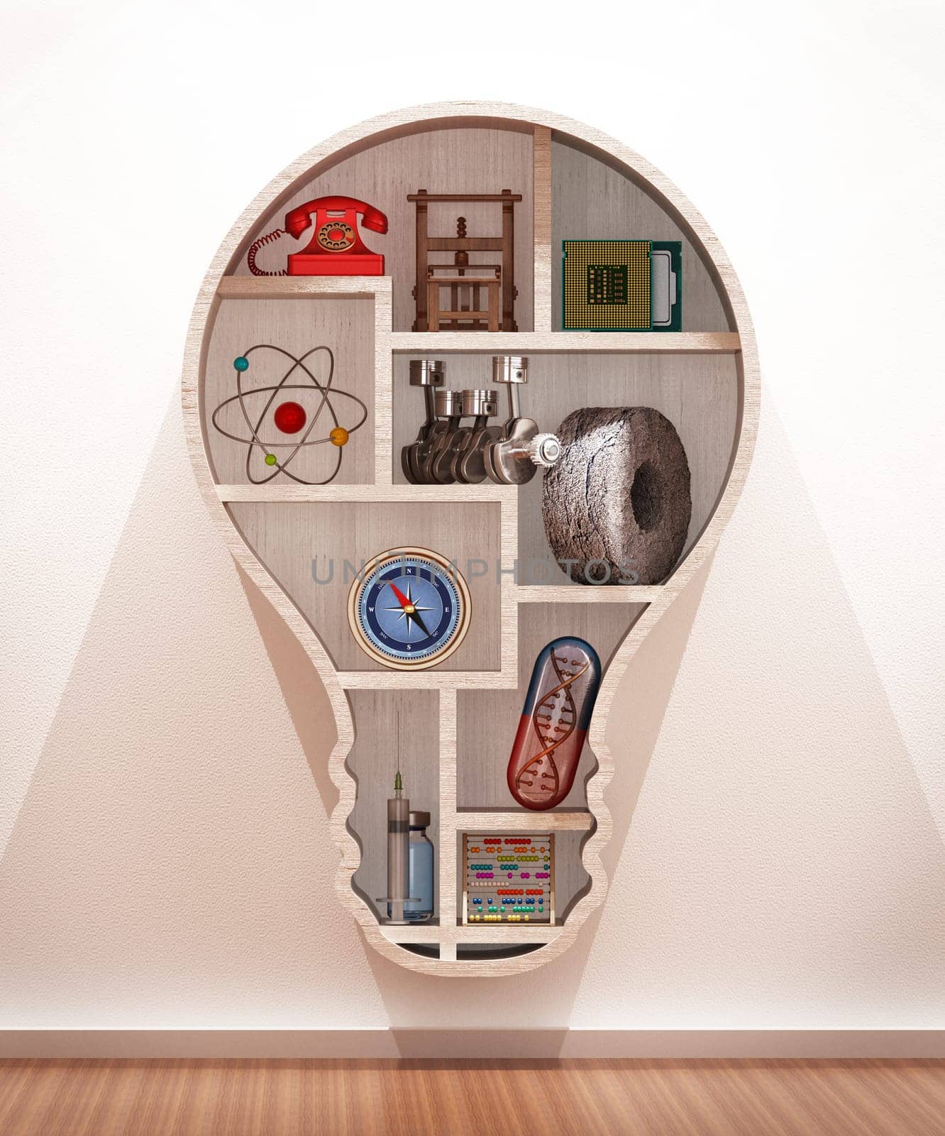 Objects representing important inventions in history standing on lightbulb shaped shelves. 3D illustration.