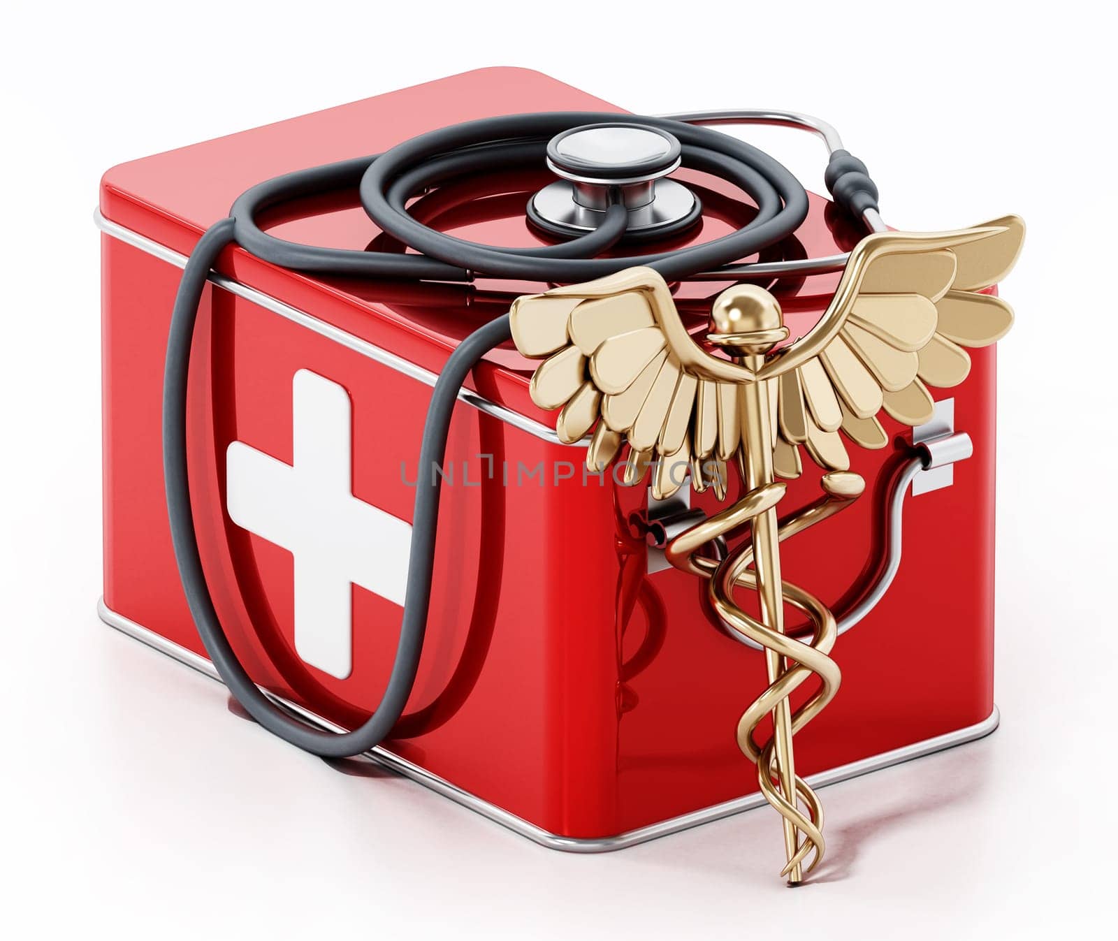 Medicine box, caduceus and stethoscope isolated on white background. 3D illustration.