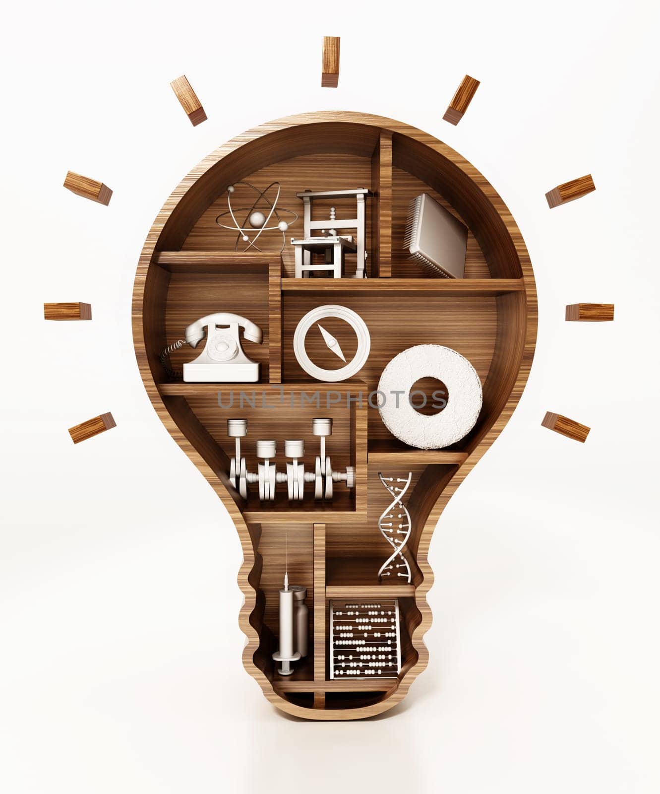 Objects representing important inventions in history standing on lightbulb shaped shelves. 3D illustration.