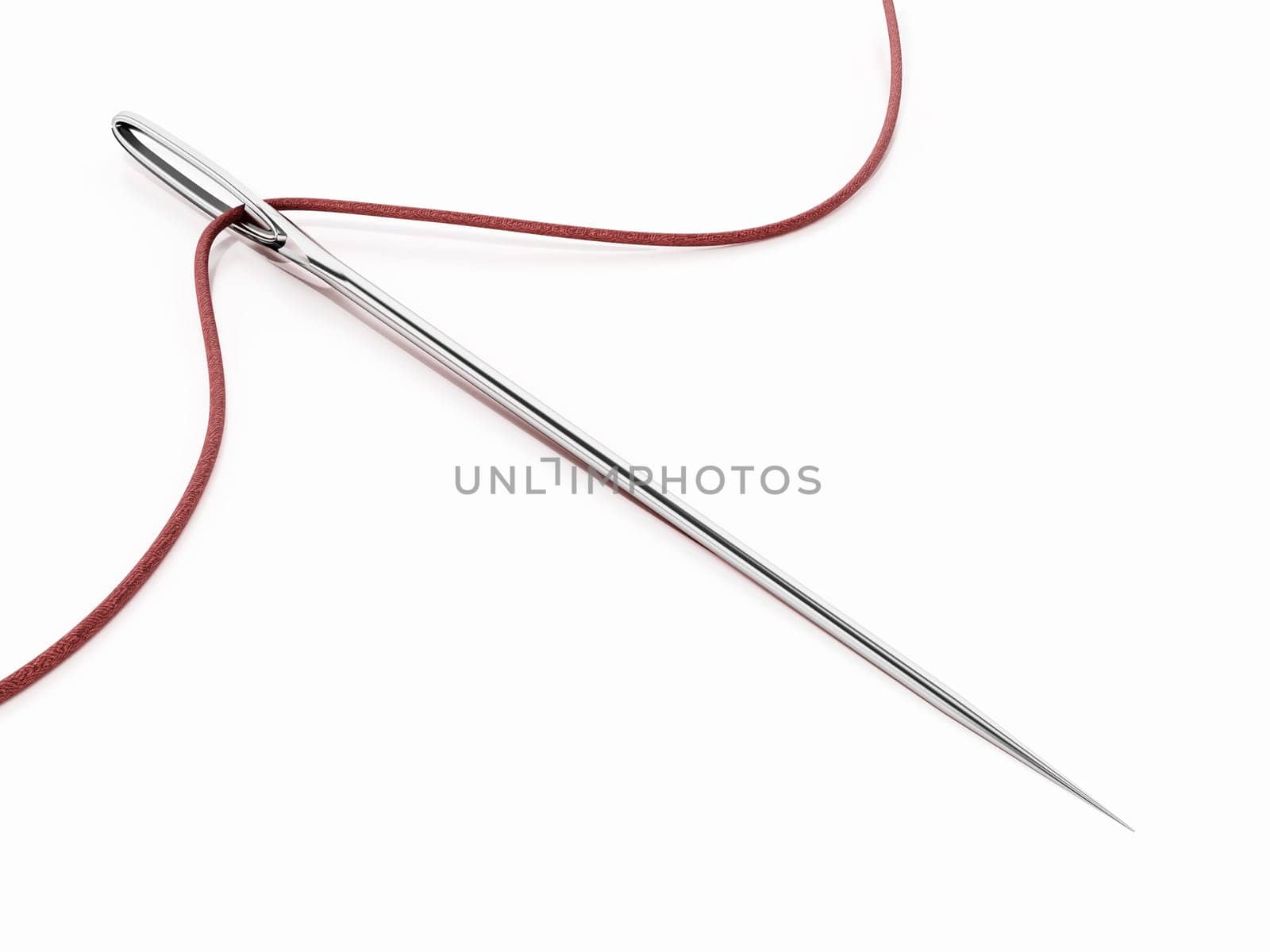 Sewing needle and rope isolated on white background. 3D illustration.