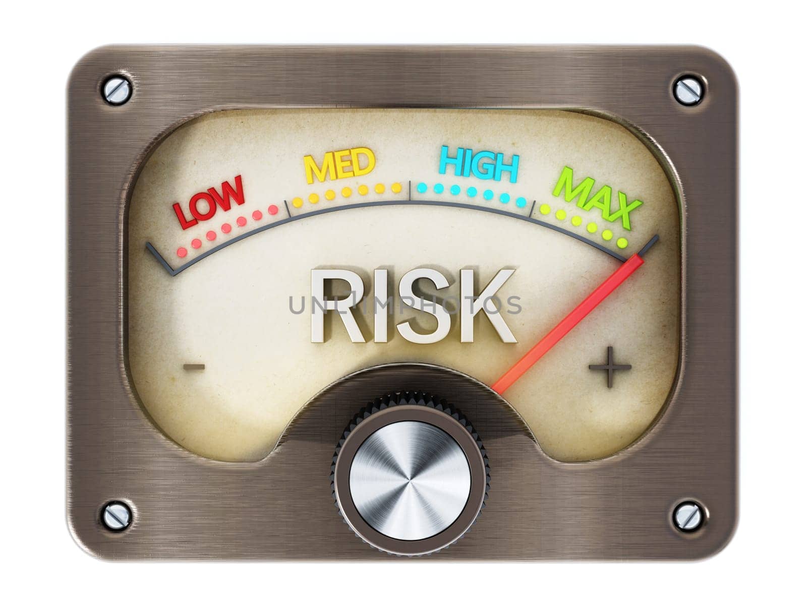 Vintage risk meter pointing maximum risk isolated on white background. 3D illustration.