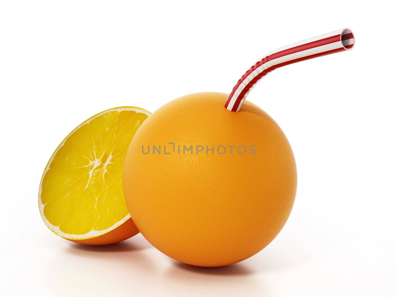 Whole and half cut oranges with straw isolated on white background. 3D illustration.