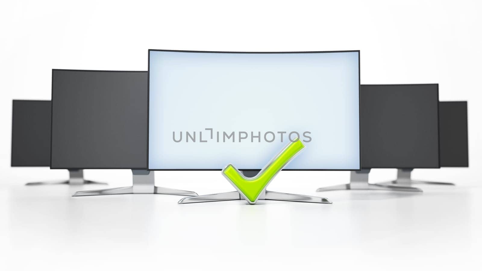 Generic monitor with checkmark sign stands out among other black screens. 3D illustration.