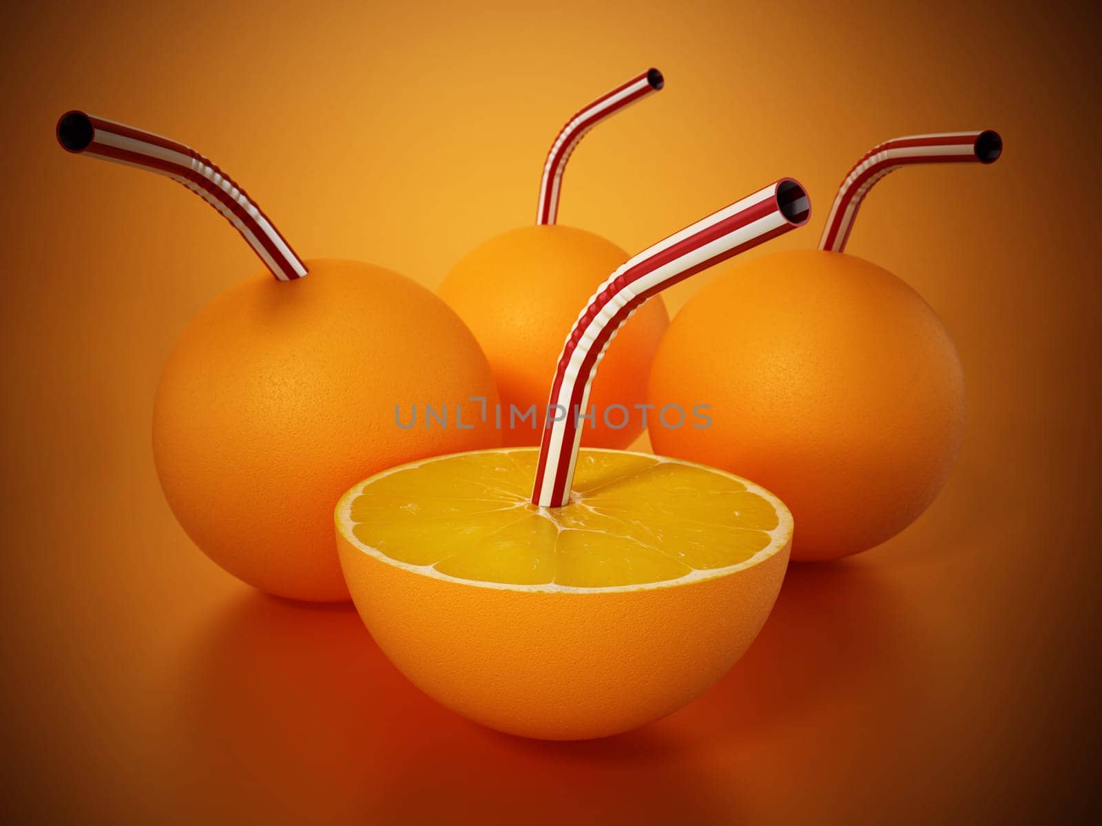 Whole and half cut oranges with straws isolated on orange background. 3D illustration.