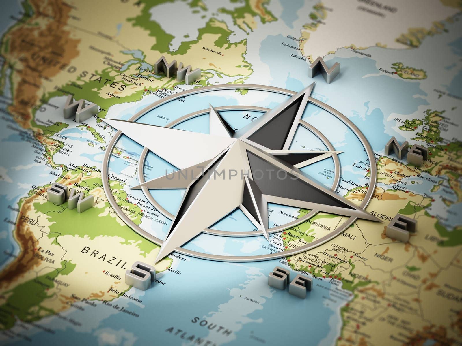 Vintage compass symbol showing the directions on the world map. 3D illustration.