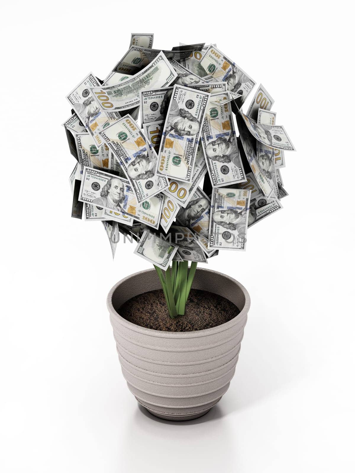 Money plant in the pot. 100 dollar bills on the plant. 3D illustration.