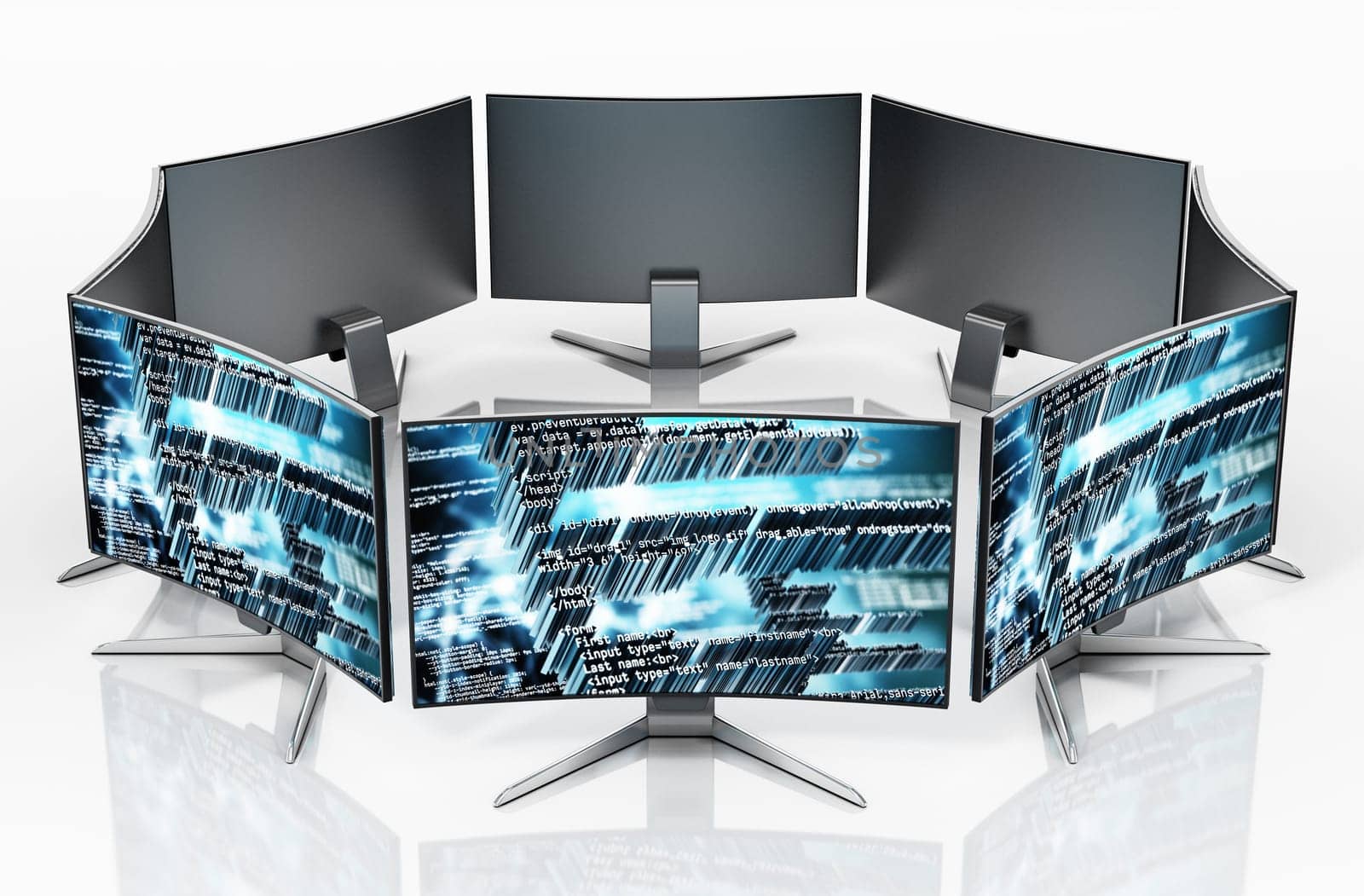 Generic monitors with code wallpapers isolated on white background. 3D illustration.