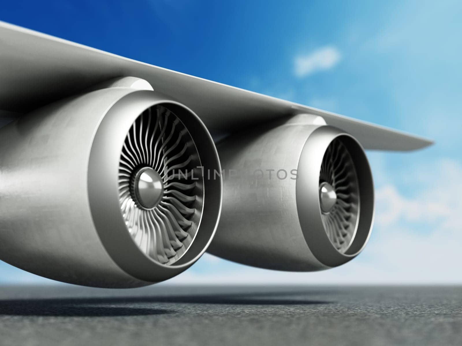 Jet engines in the wing of a passenger airplane. 3D illustration.