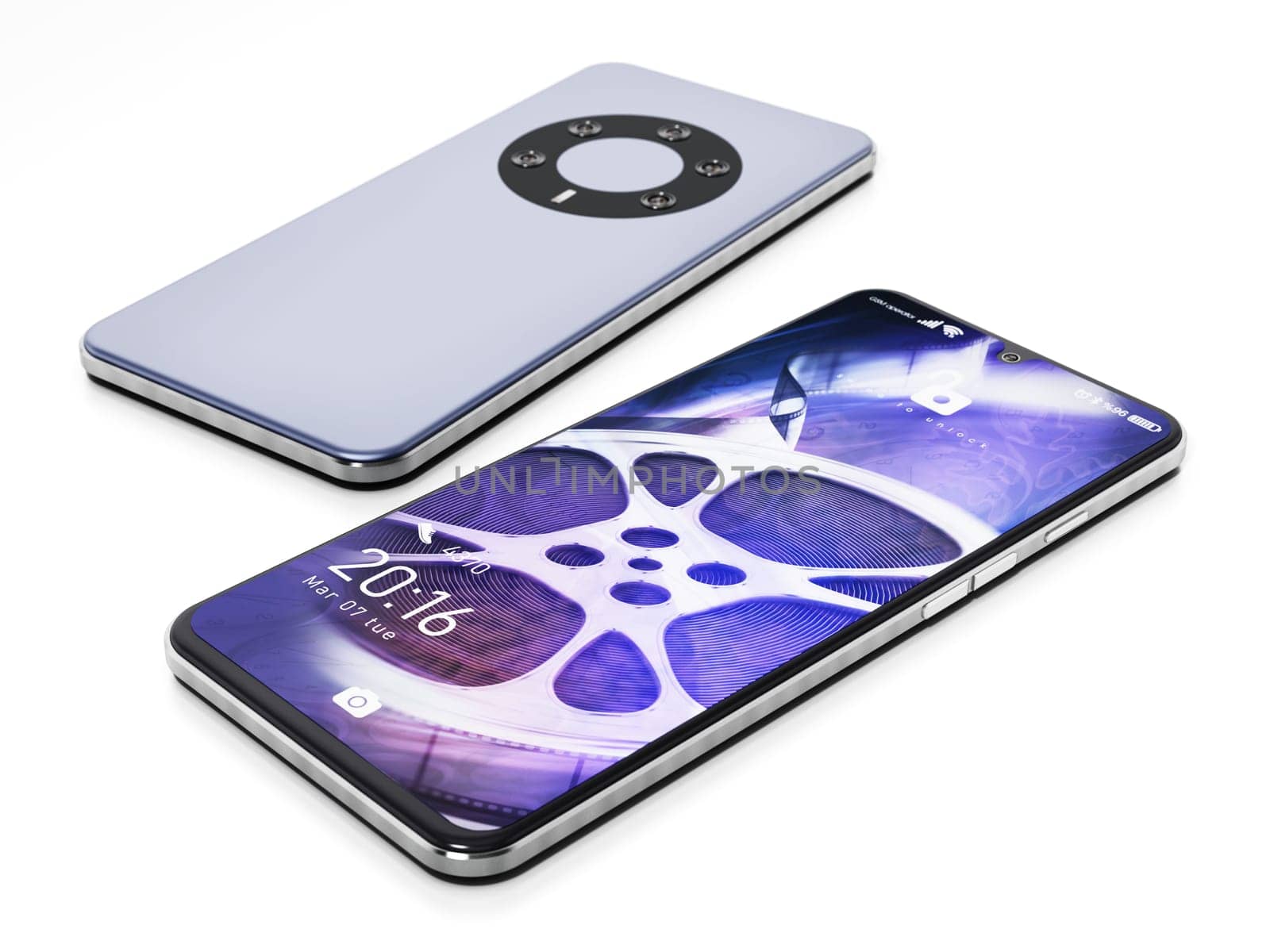 Generic smartphone with fictitious screen interface and camera design isolated on white background. 3D illustration.