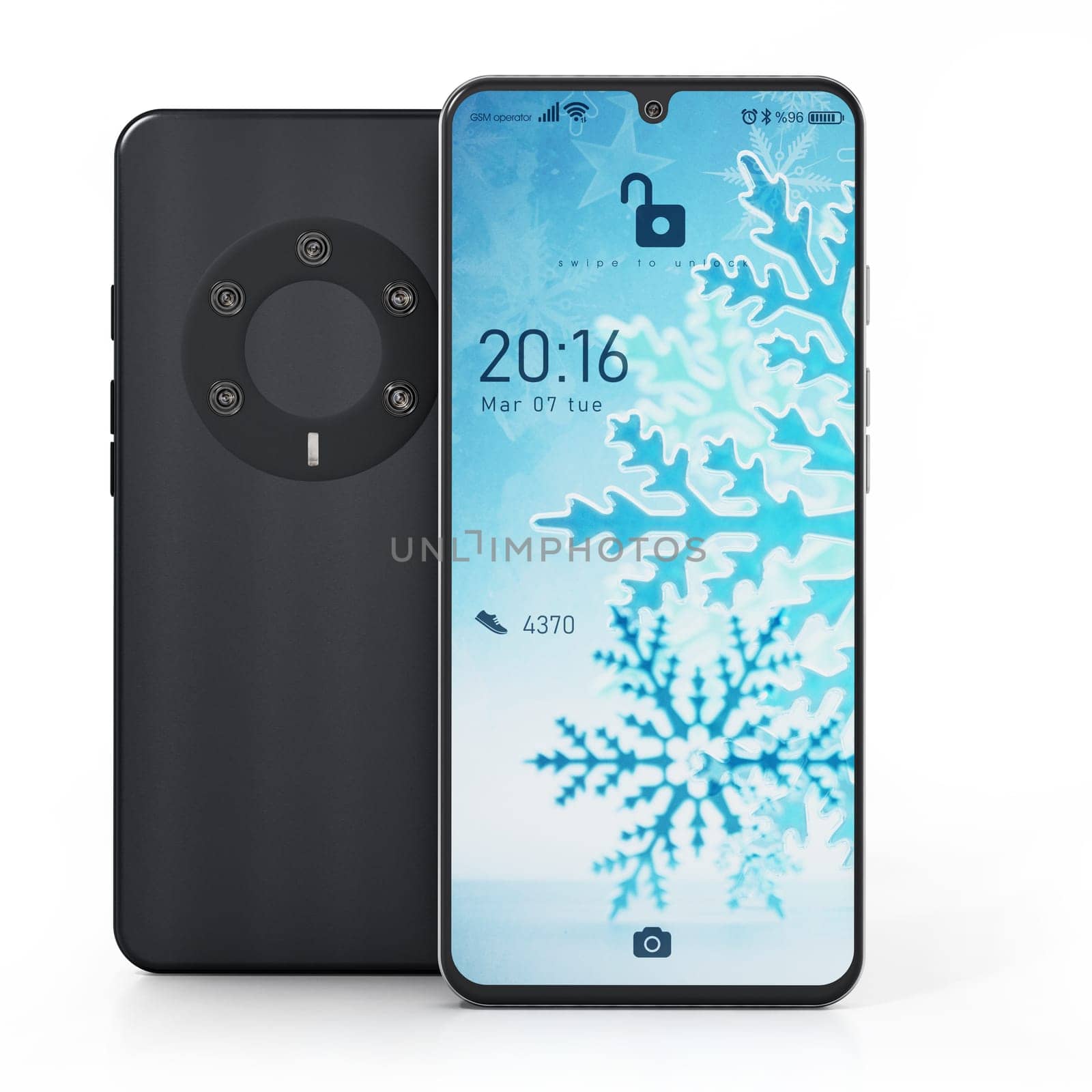 Generic smartphone with fictitious screen interface and camera design isolated on white background. 3D illustration.