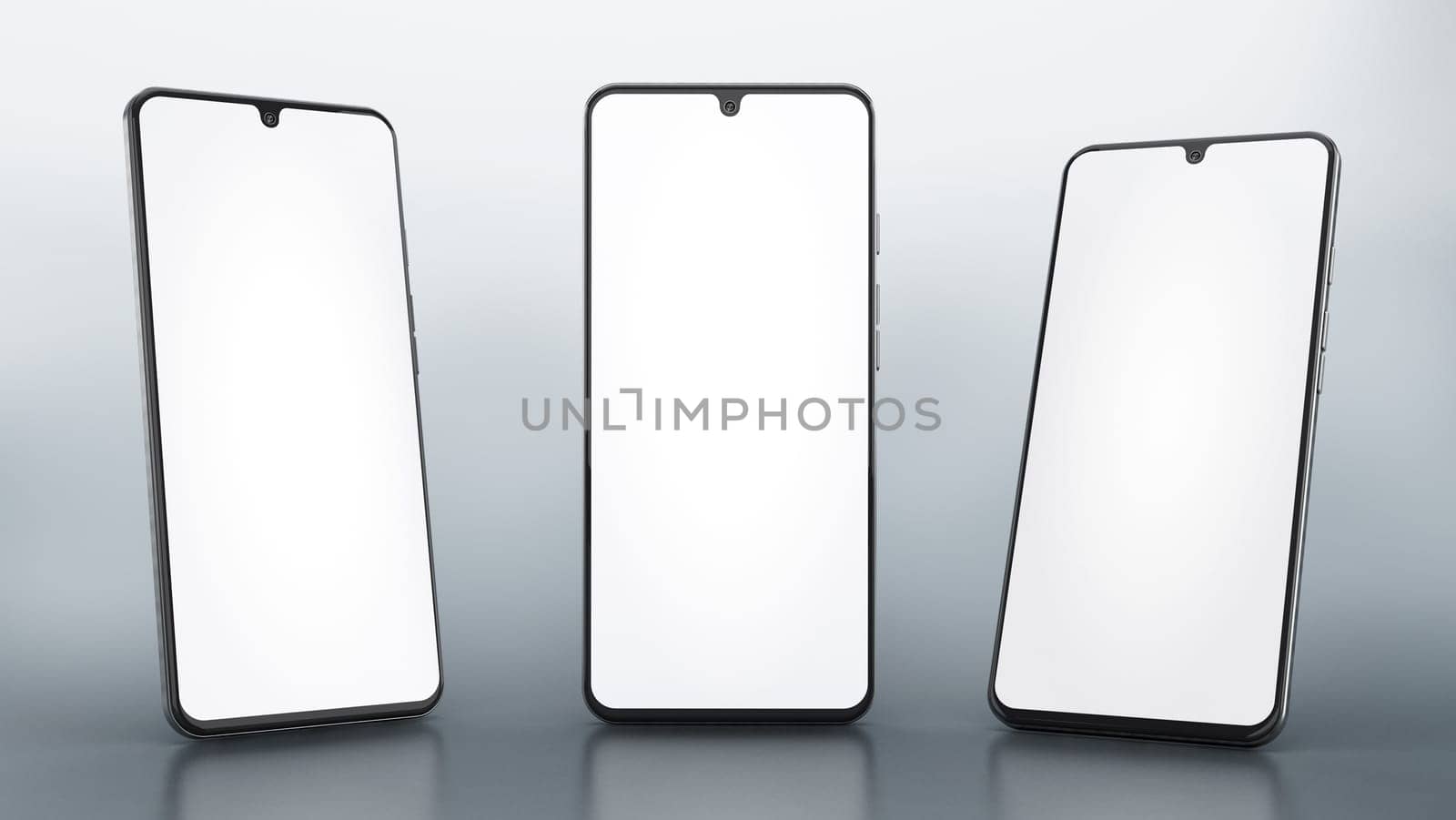 Generic designed smartphones with angle variations isolated on white background. 3D illustration.