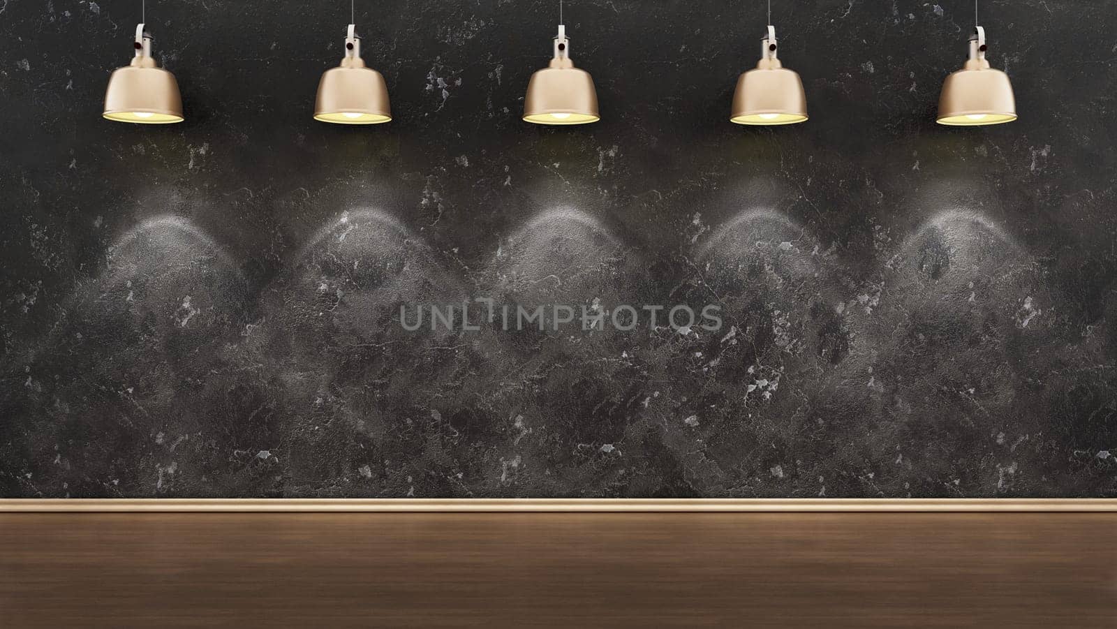 Blank black wall lit by ceiling lamps. 3D illustration.