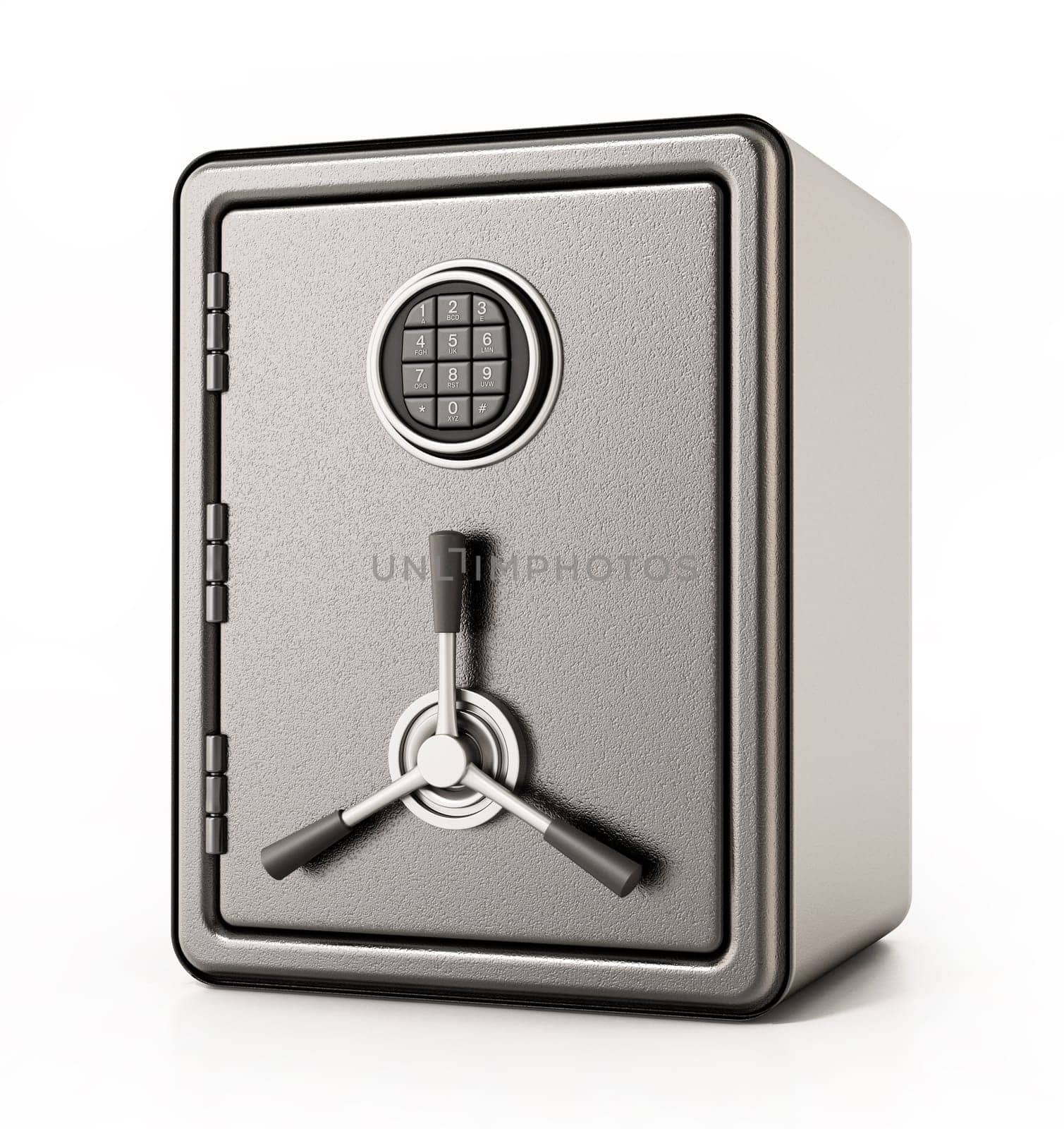 Steel safe with digital keypad isolated on white background. 3D illustration.