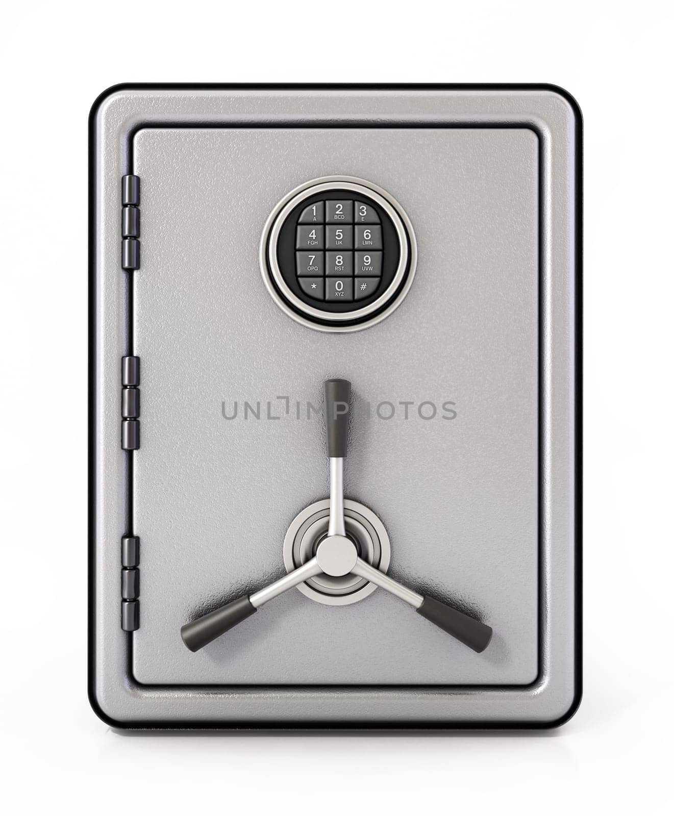 Steel safe with digital keypad isolated on white background. 3D illustration.