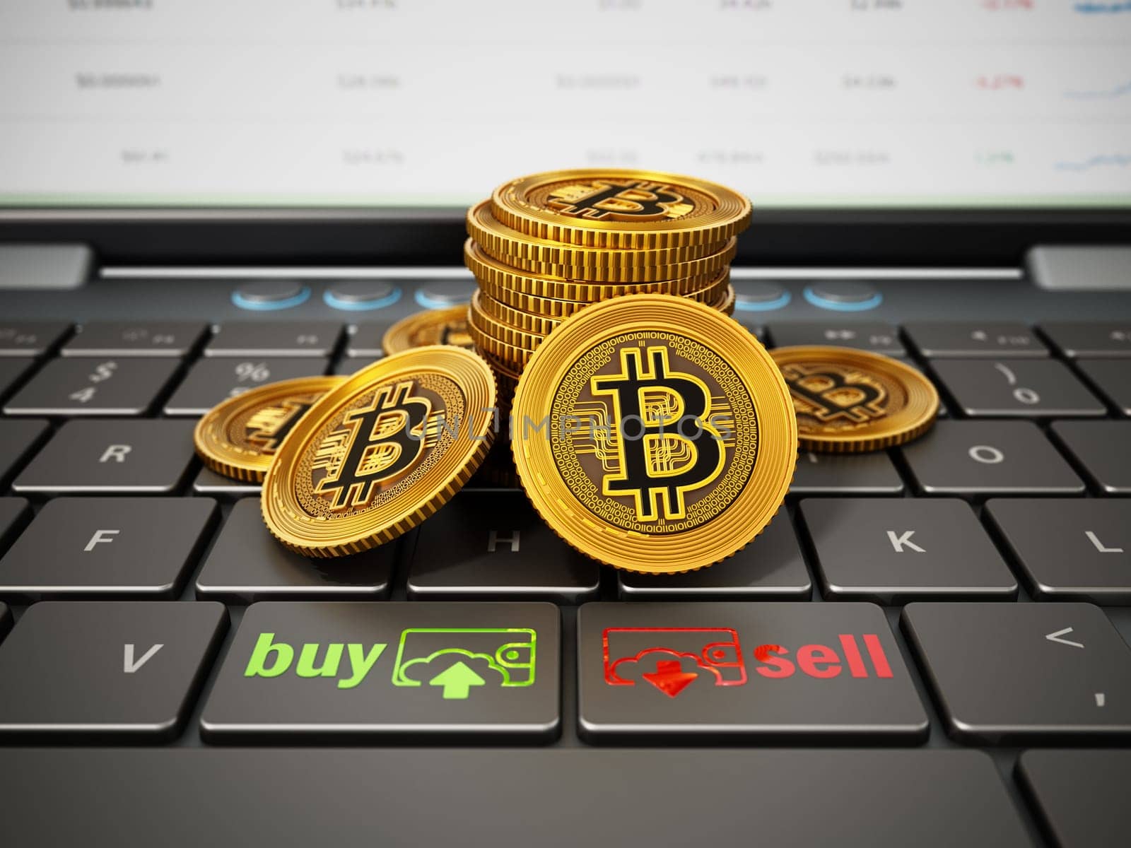 Generic crypto currency coins, buy and sell icons standing on laptop computer keyboard. 3D illustration.