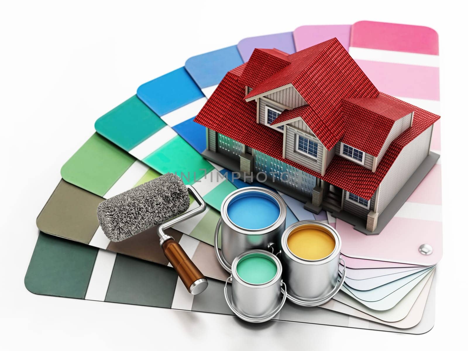 Color pallette guide, house model, paint cans and paint roller. 3D illustration.