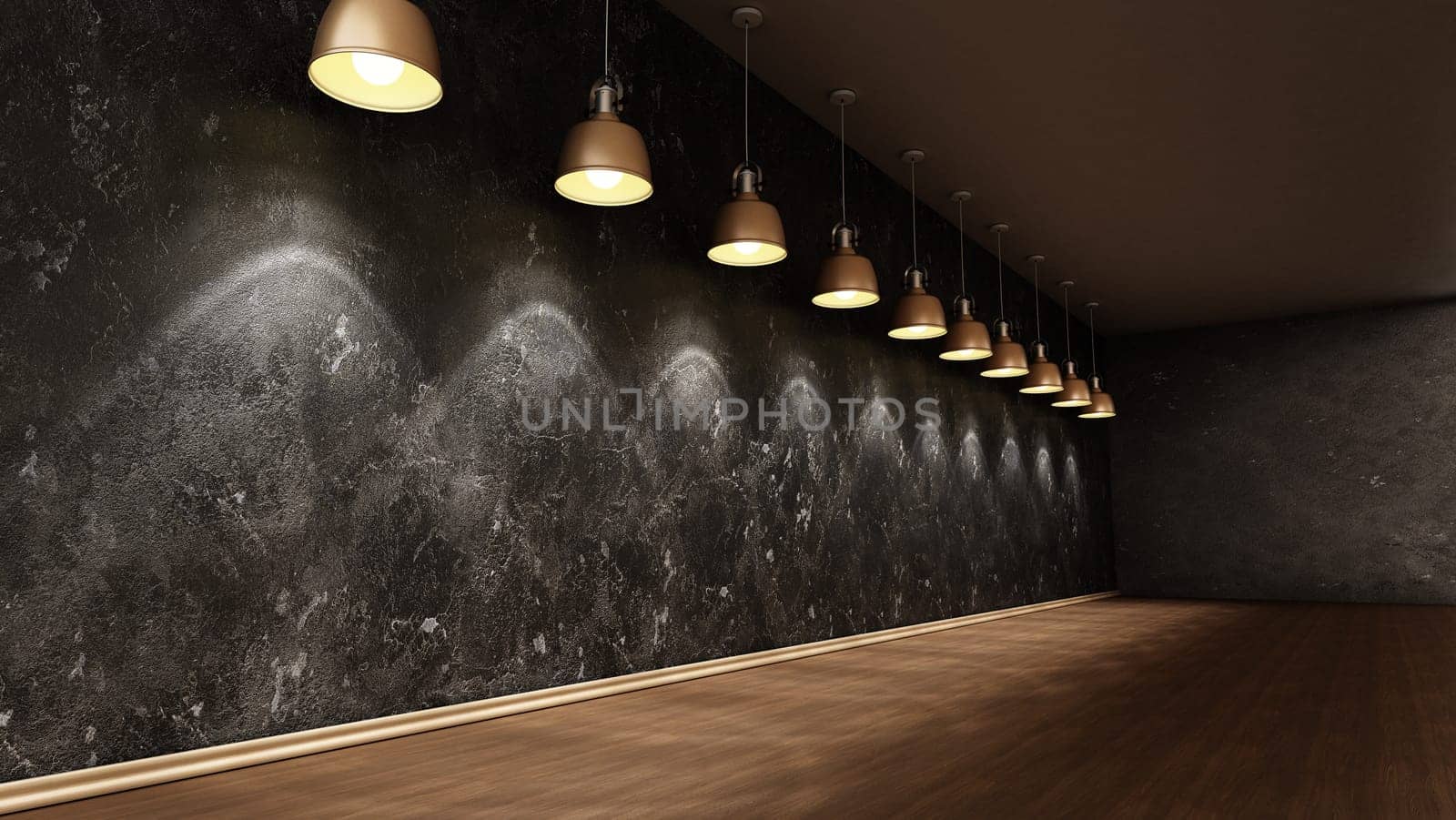 Blank black wall lit by ceiling lamps. 3D illustration.