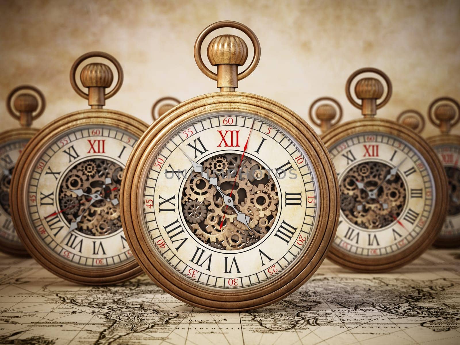 Antique pocket watches on vintage background. 3D illustration.