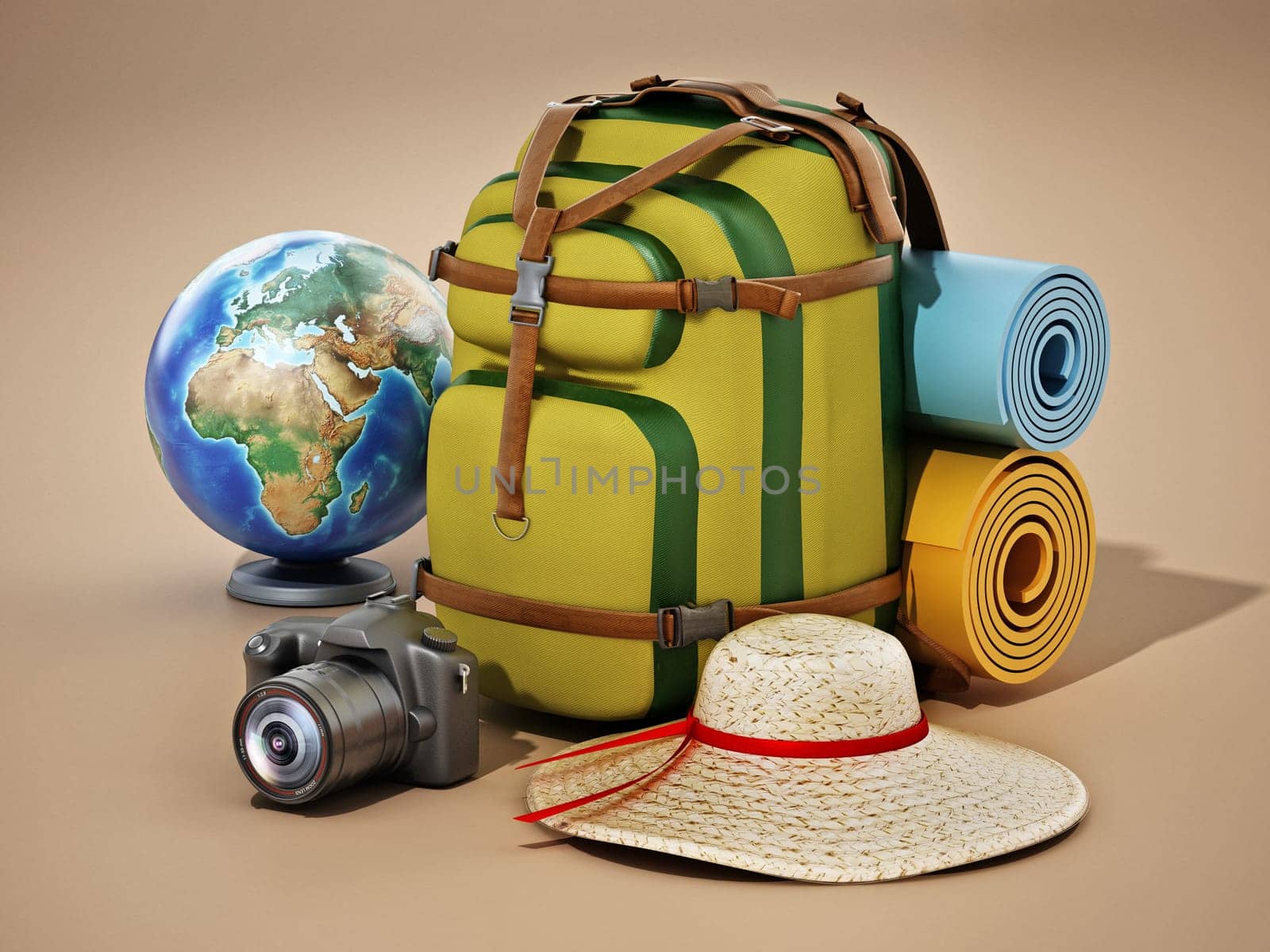 Traveller's backpack, hat, globe, camera and sleeping mats. 3D illustration.