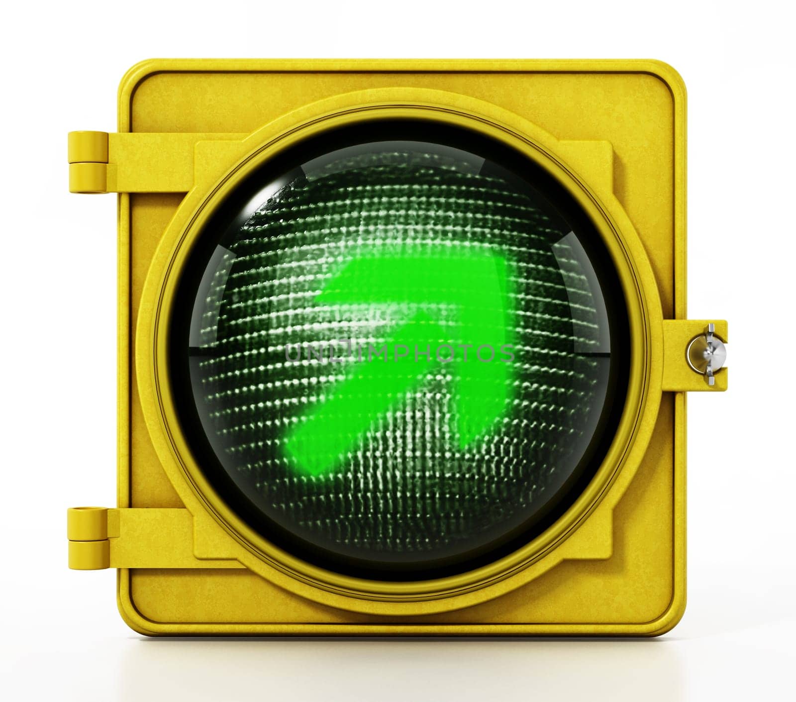Right turn traffic lamp isolated on black background. 3D illustration.