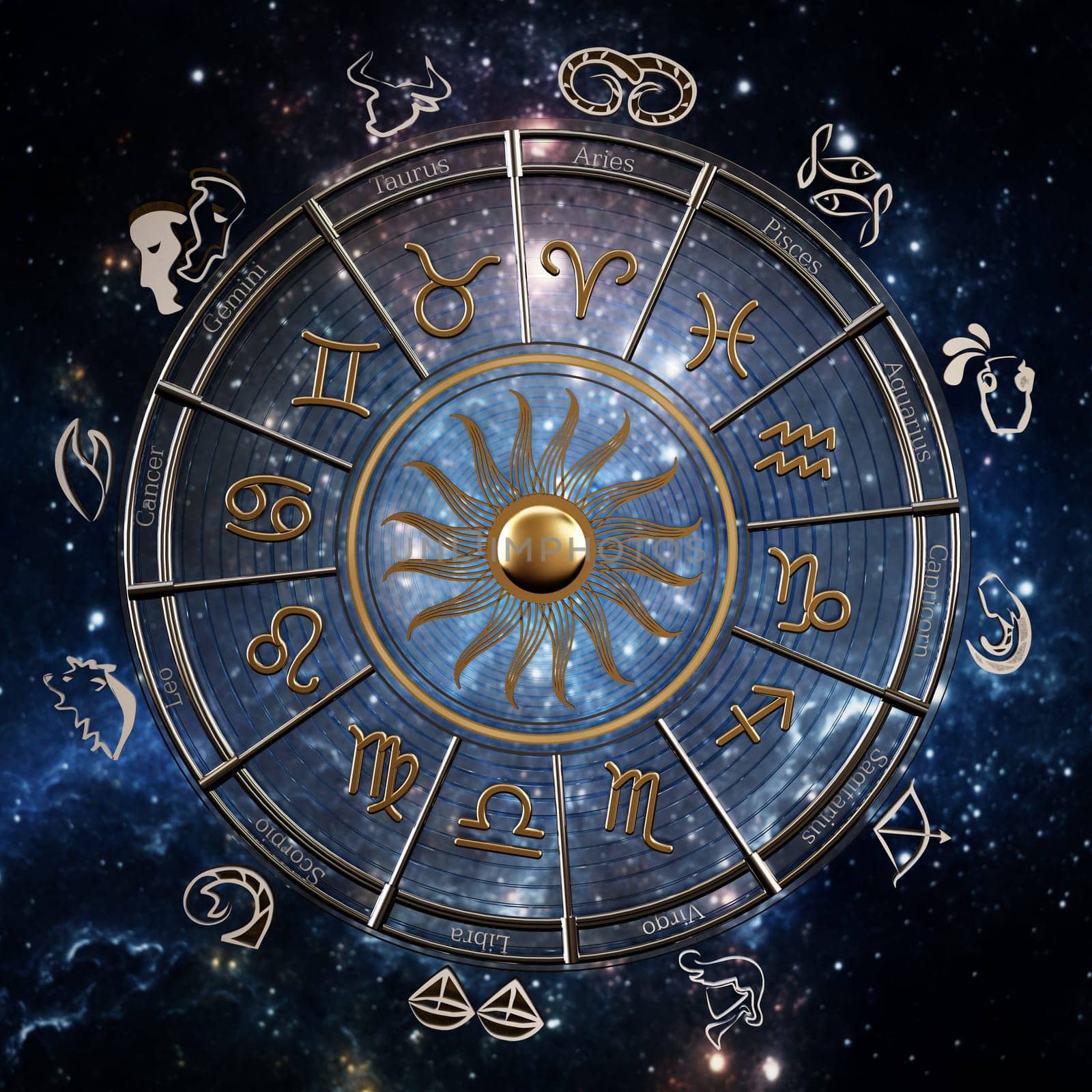 The horoscope wheel with Zodiac signs and constellations of the zodiac. 3D illustration.