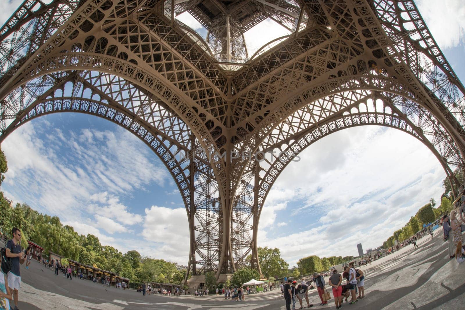 Eiffel tour in Paris, France, fisheye lens, sightseeing touristic attraction, Paris on the 04.08.2017