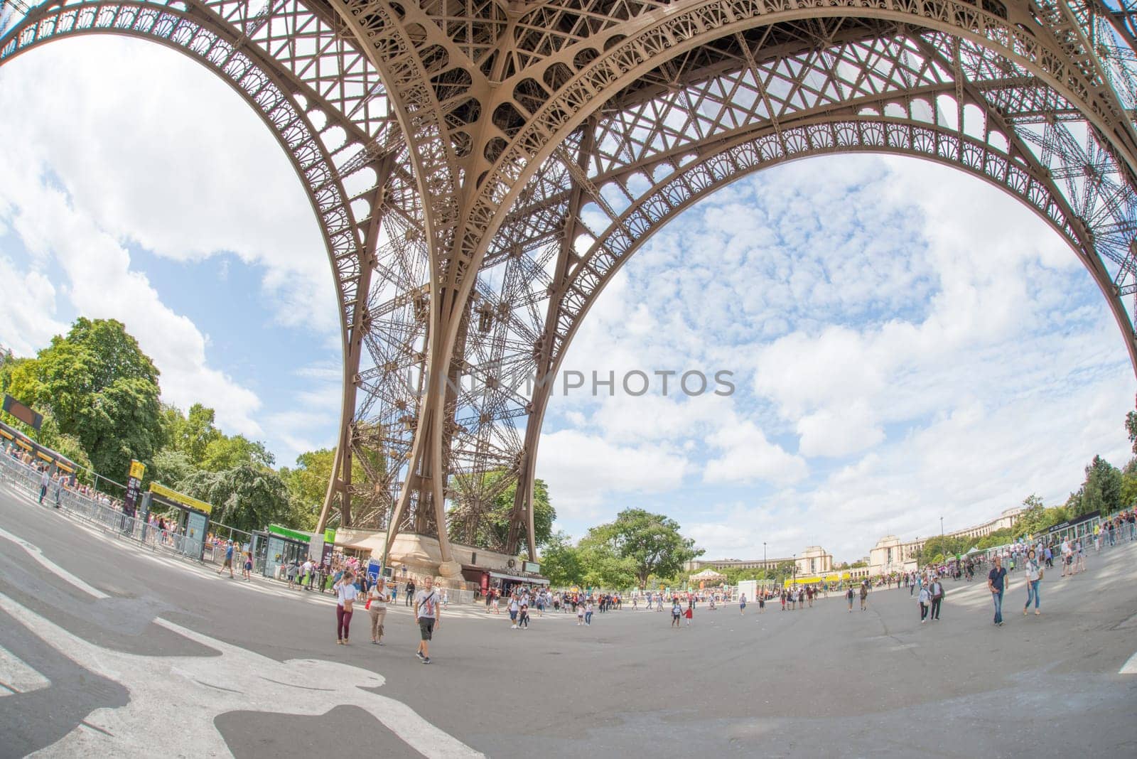 Eiffel tour in Paris, France, fisheye lens, sightseeing touristic attraction, Paris on the 04.08.2017