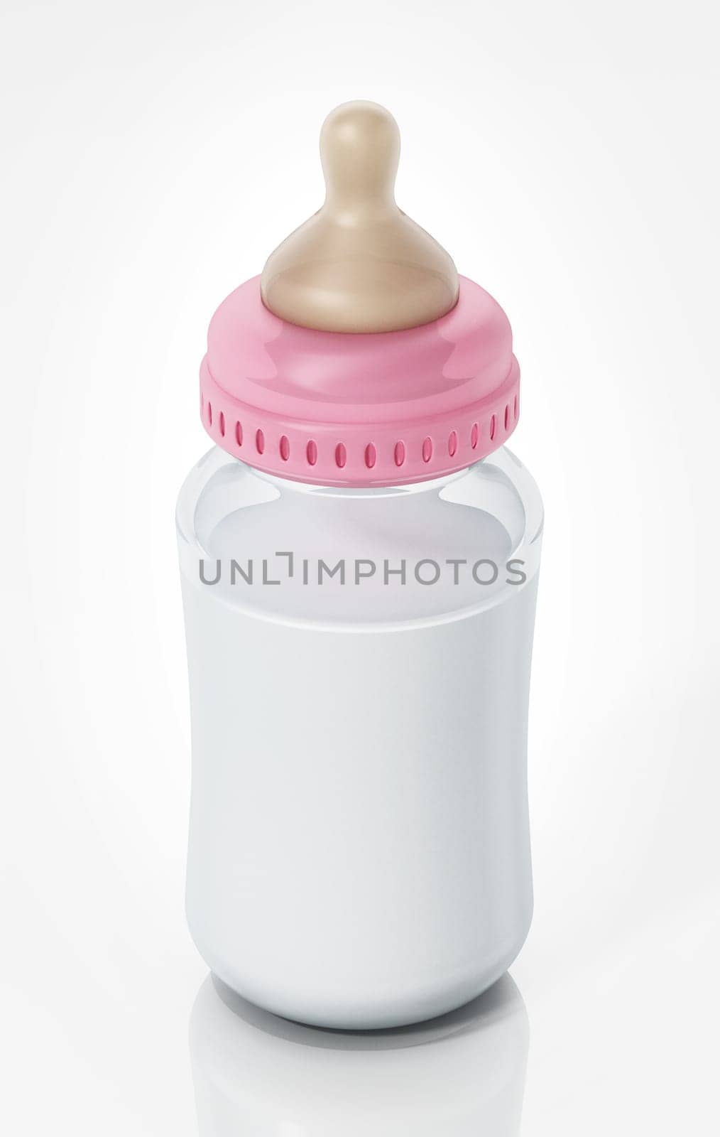 Glass baby bottle with milk isolated on white background. 3D illustration.