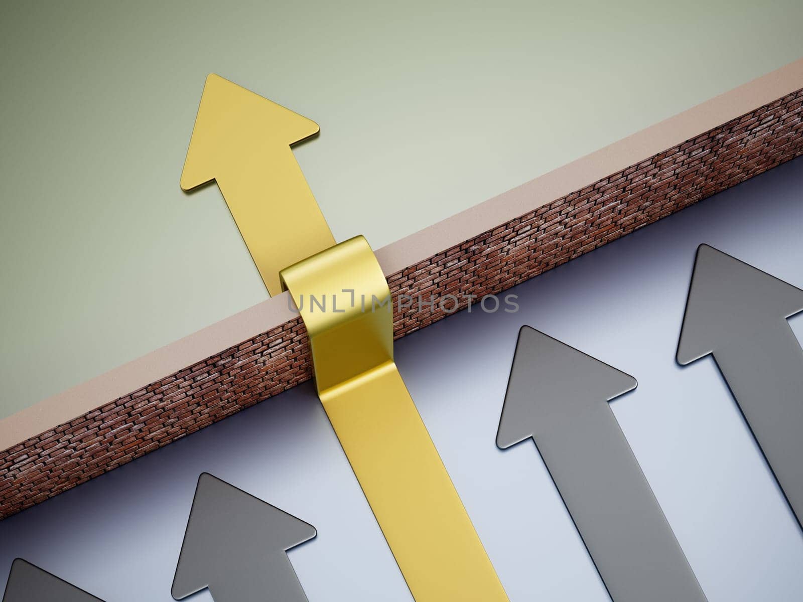 Golden arrow overcoming the obstacle wall. 3D illustration.