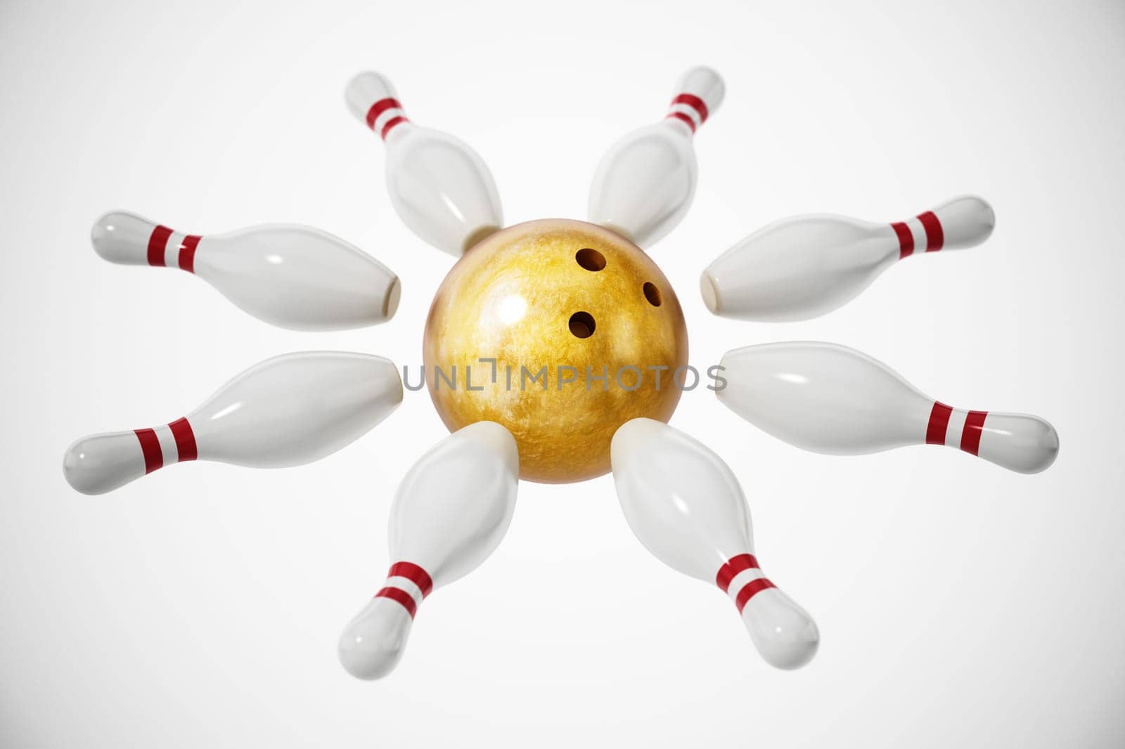 Bowling ball and pins isolated on white background. 3D illustration.