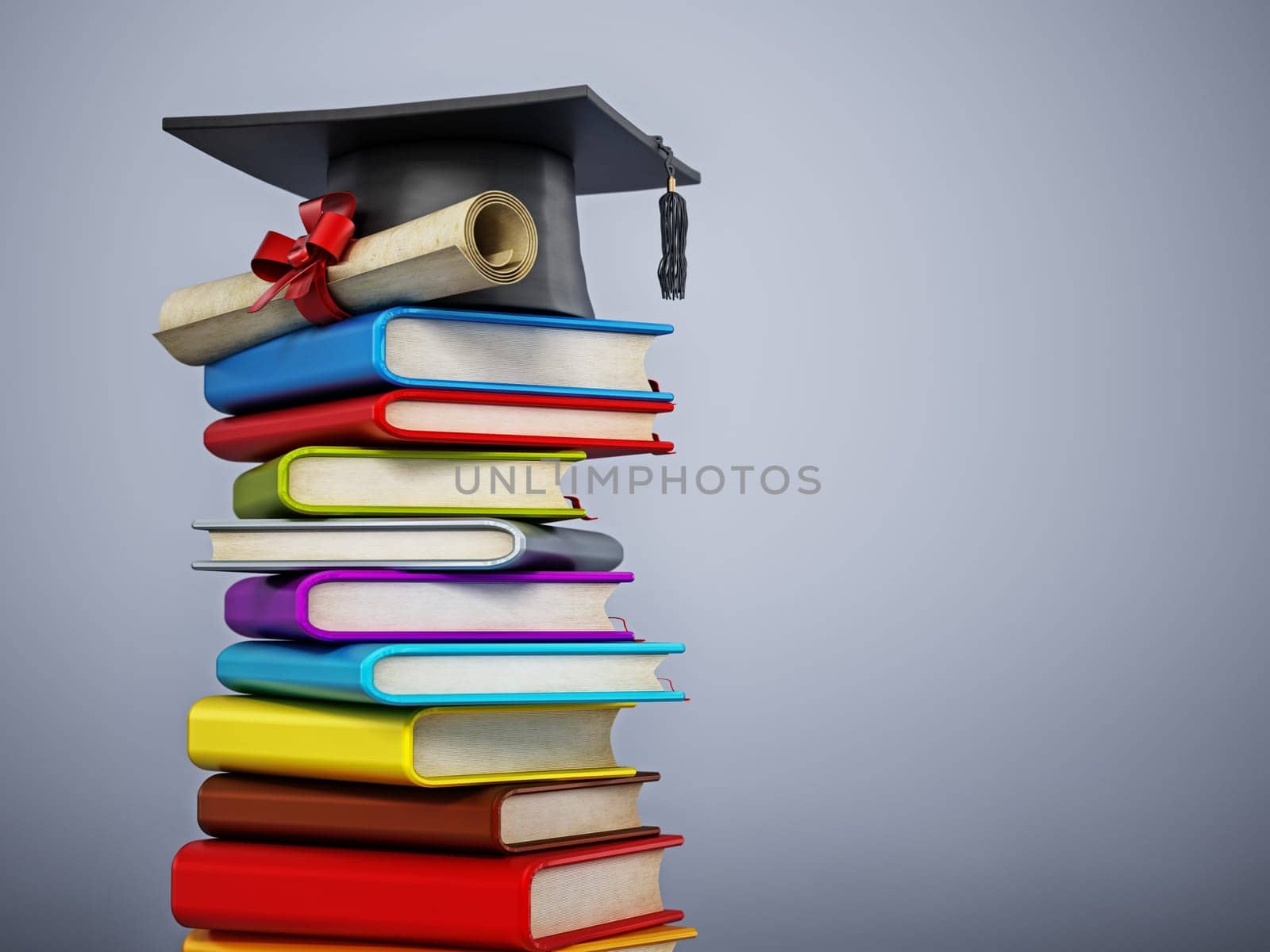 Mortarboard and certificate standing on stack of colorful books. 3D illustration.