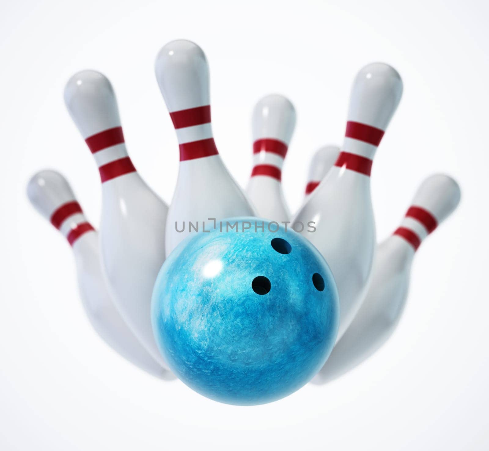 Bowling ball and pins isolated on white background. 3D illustration.