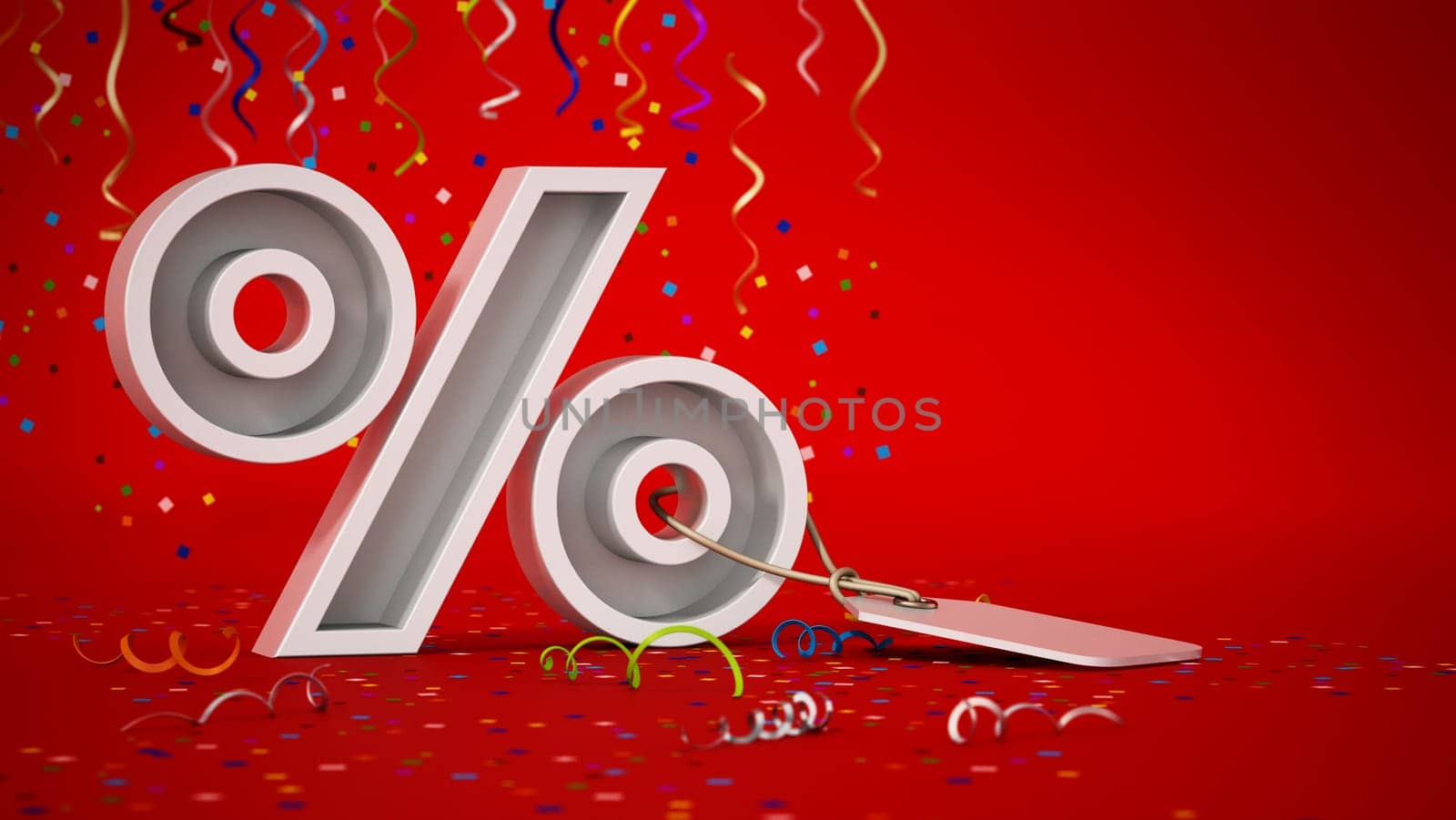 Confettis falling over percentage sign with discount tag. 3D illustration.