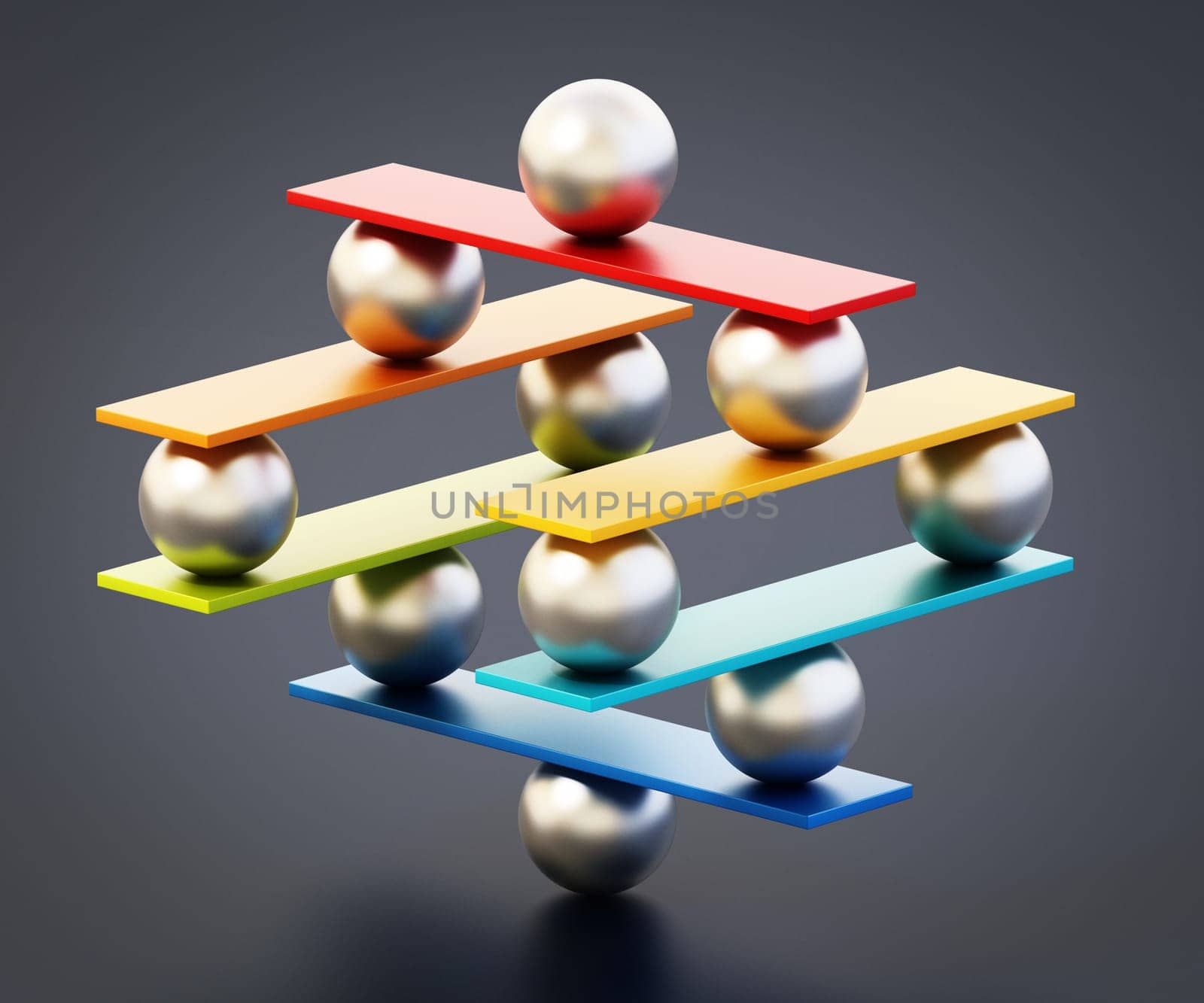 Metal spheres and boards staying in balance. 3D illustration.