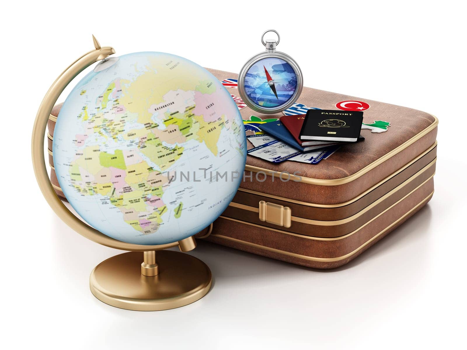 Globe model, compass,passports, tickets on the suitcase. 3D illustration.