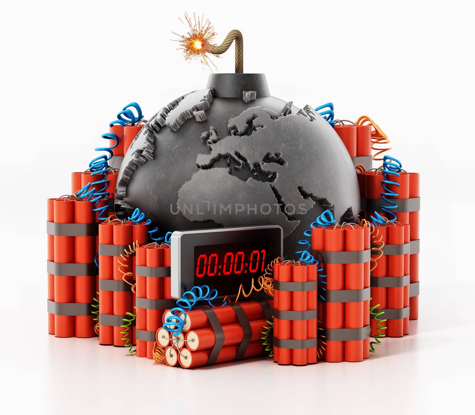 Group of dynamites around the bomb shaped earth isolated on white background. 3D illustration.