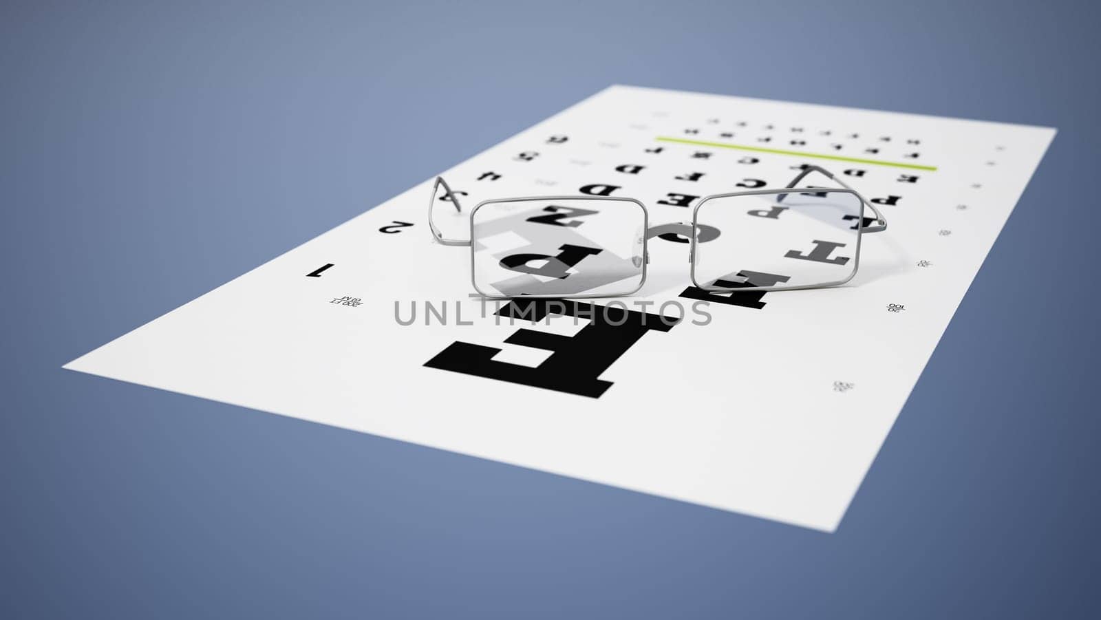 Vision test chart and eyeglasses. 3D illustration.