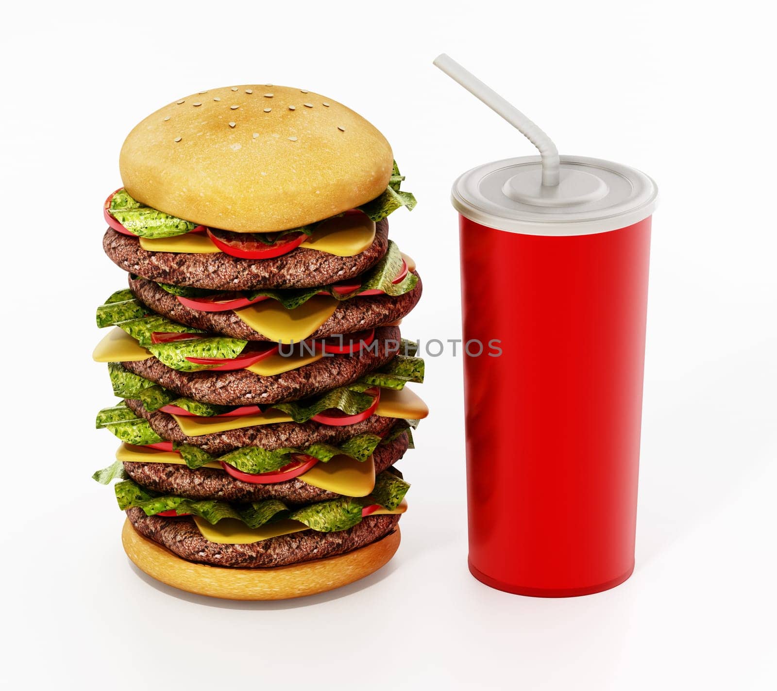 Extra big hamburger and soda isolated on white background. 3D illustration.