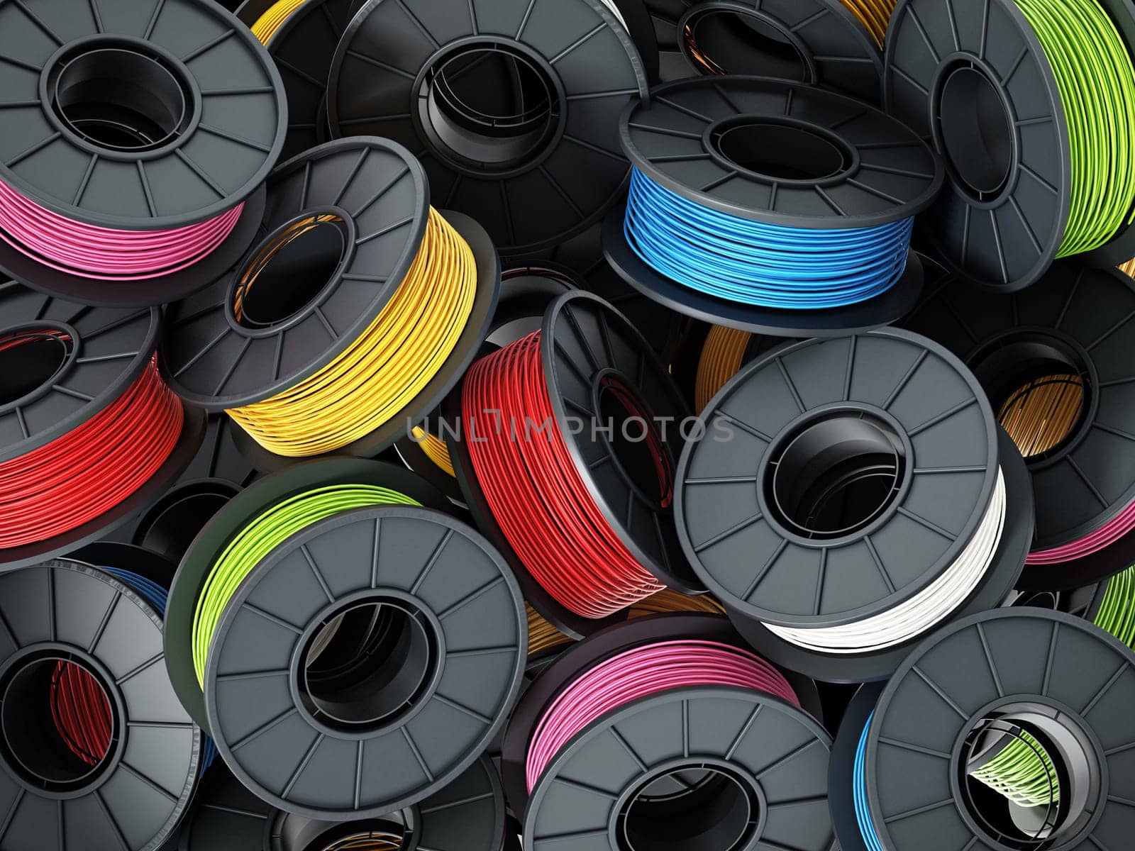 Stack of colorful 3D printer filaments. 3D illustration.