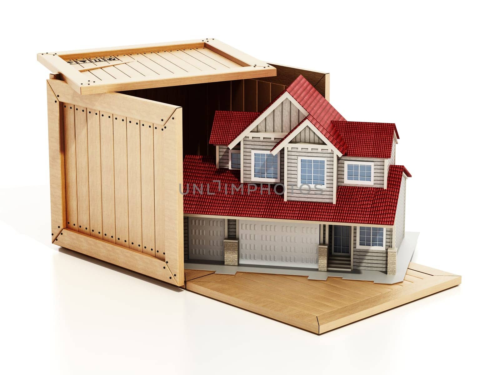 House inside wooden transport crate. 3D illustration.
