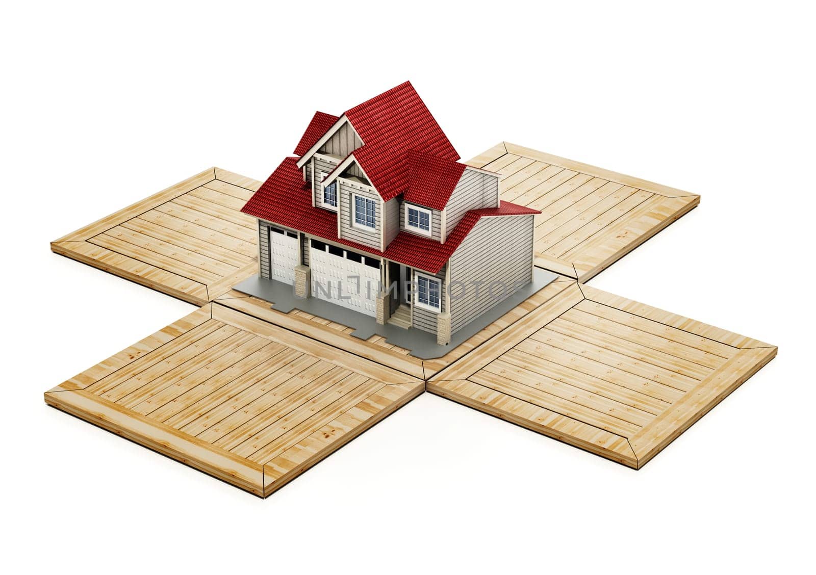House inside wooden transport crate. 3D illustration.