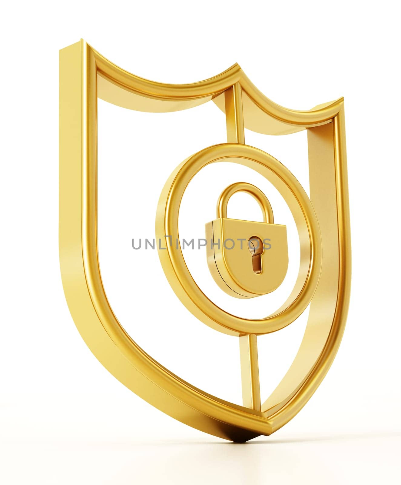 Padlock symbol inside gold shield. 3D illustration.