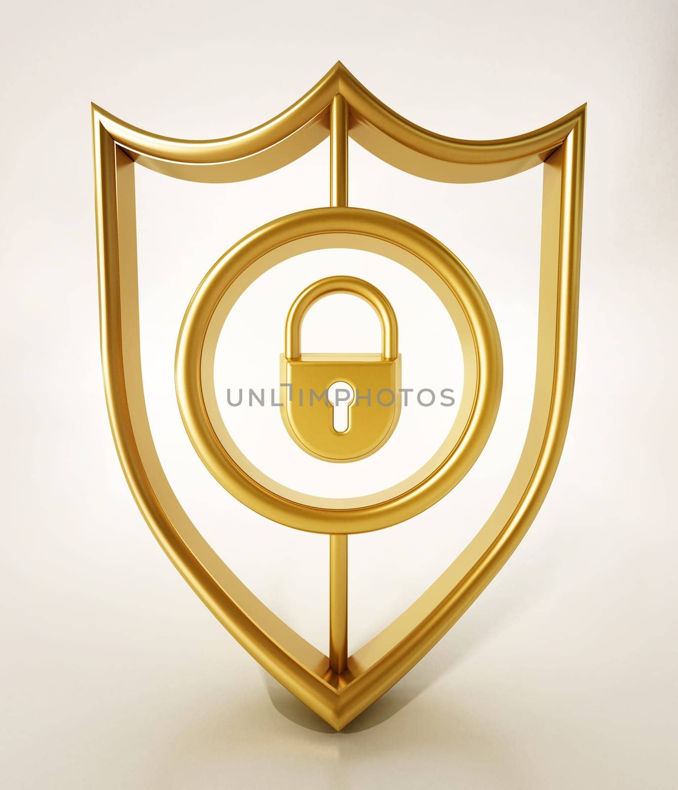 Padlock symbol inside gold shield. 3D illustration.