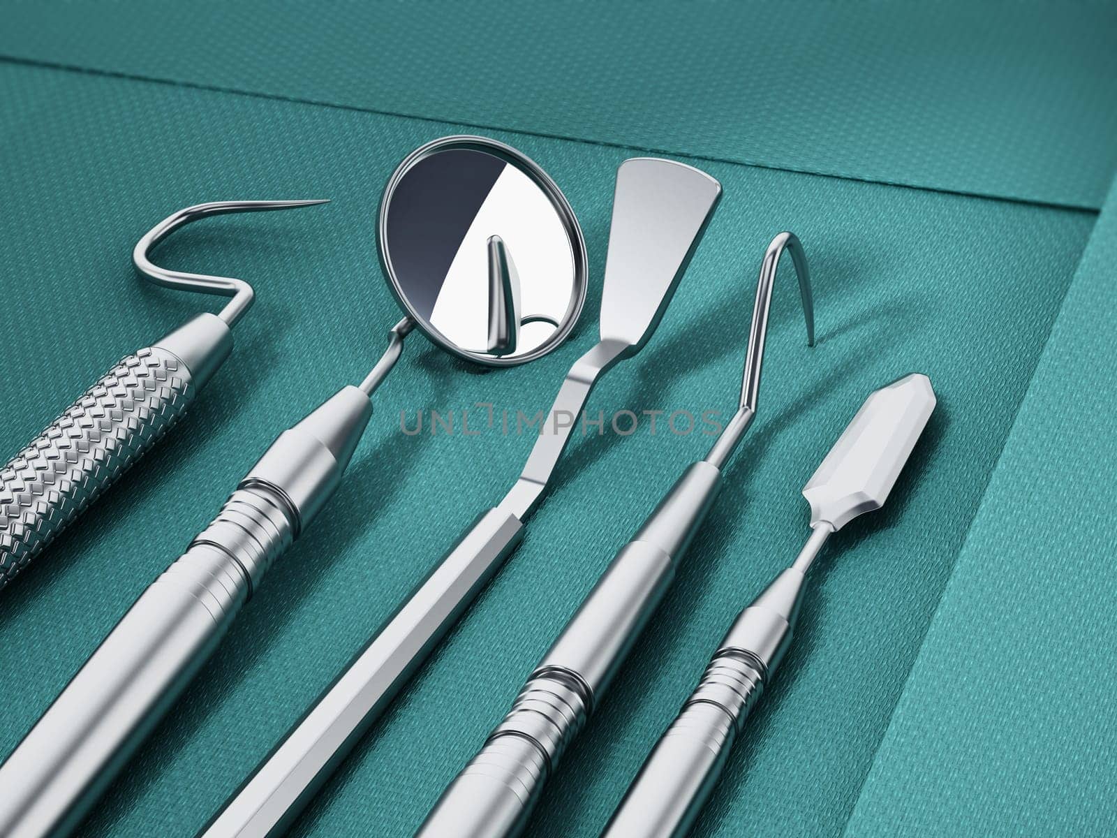 Set of dentist tools standing on green sterile cloth. 3D illustration.