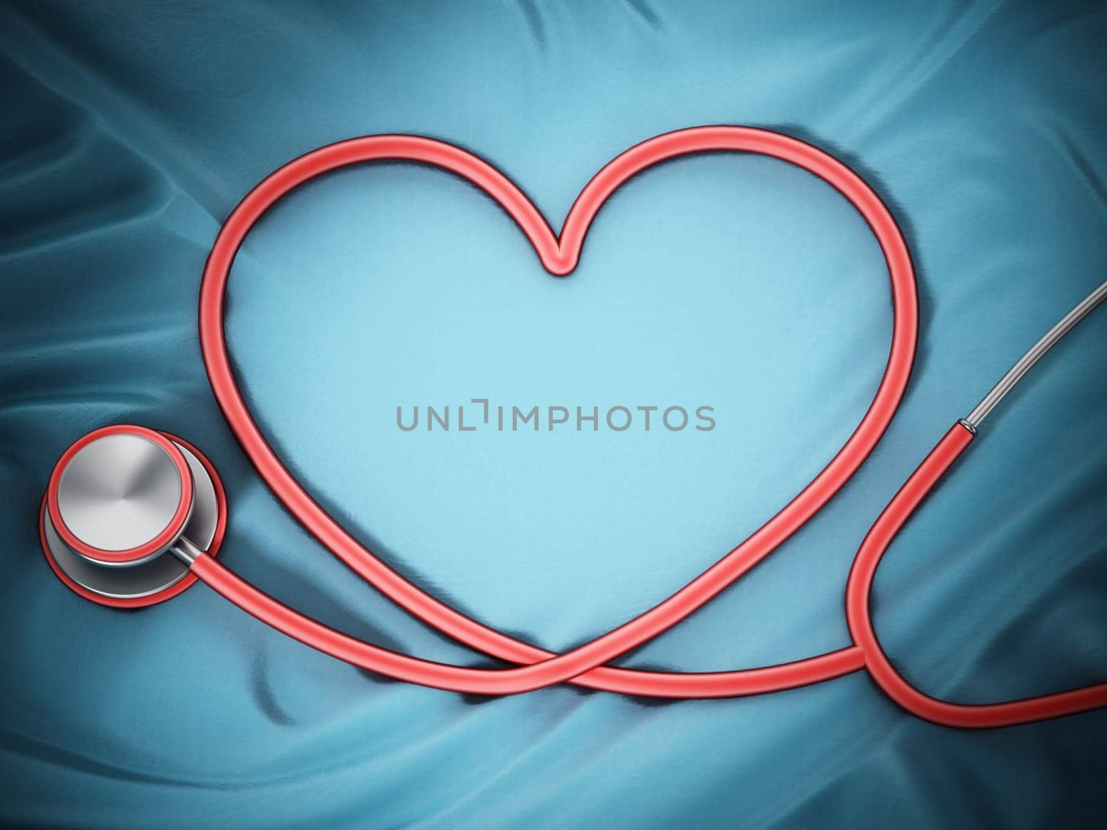 Stethoscope with heart shaped cord standing on green cloth. 3D illustration
