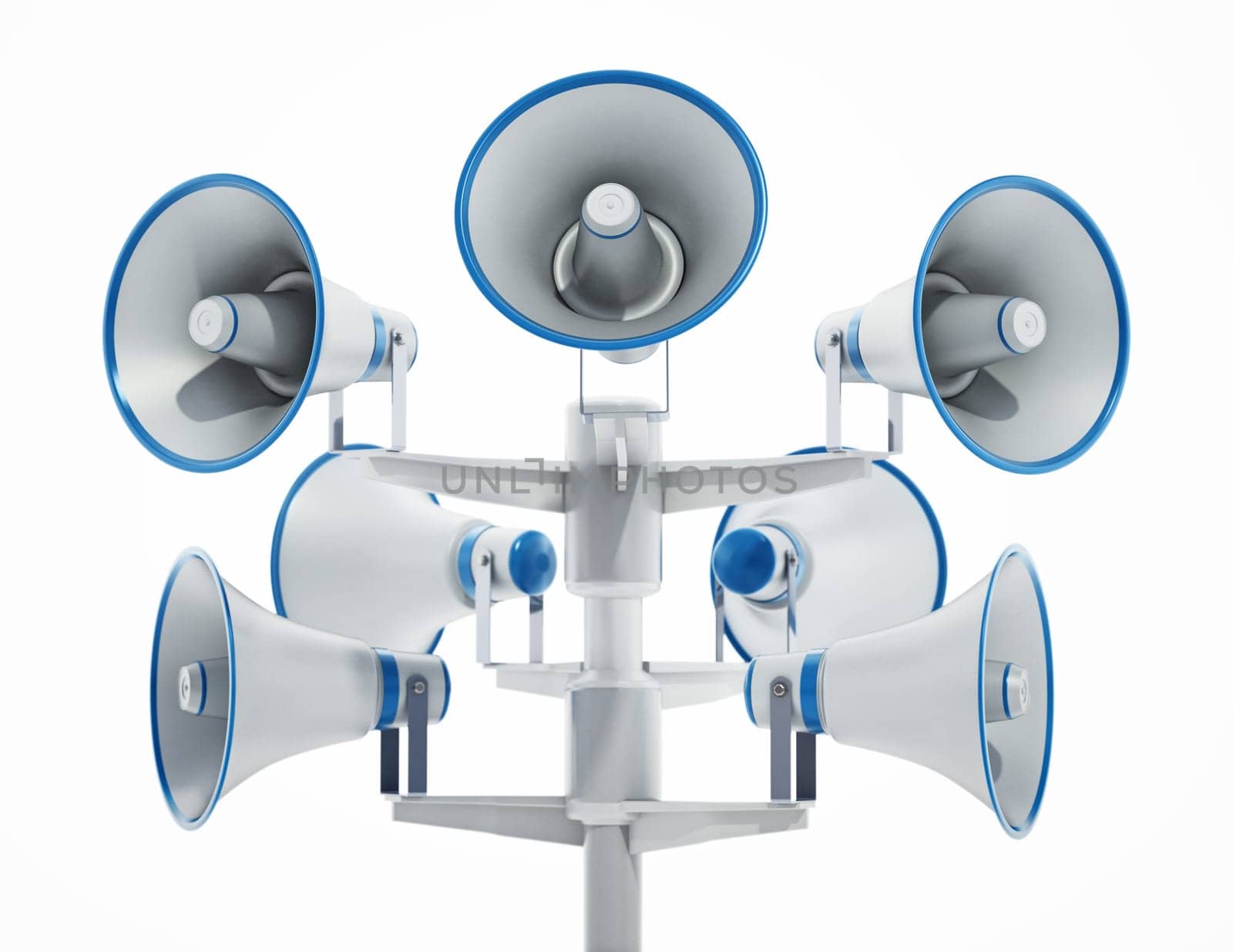 Megaphones in the pole. Public announcement concept. 3D illustration.